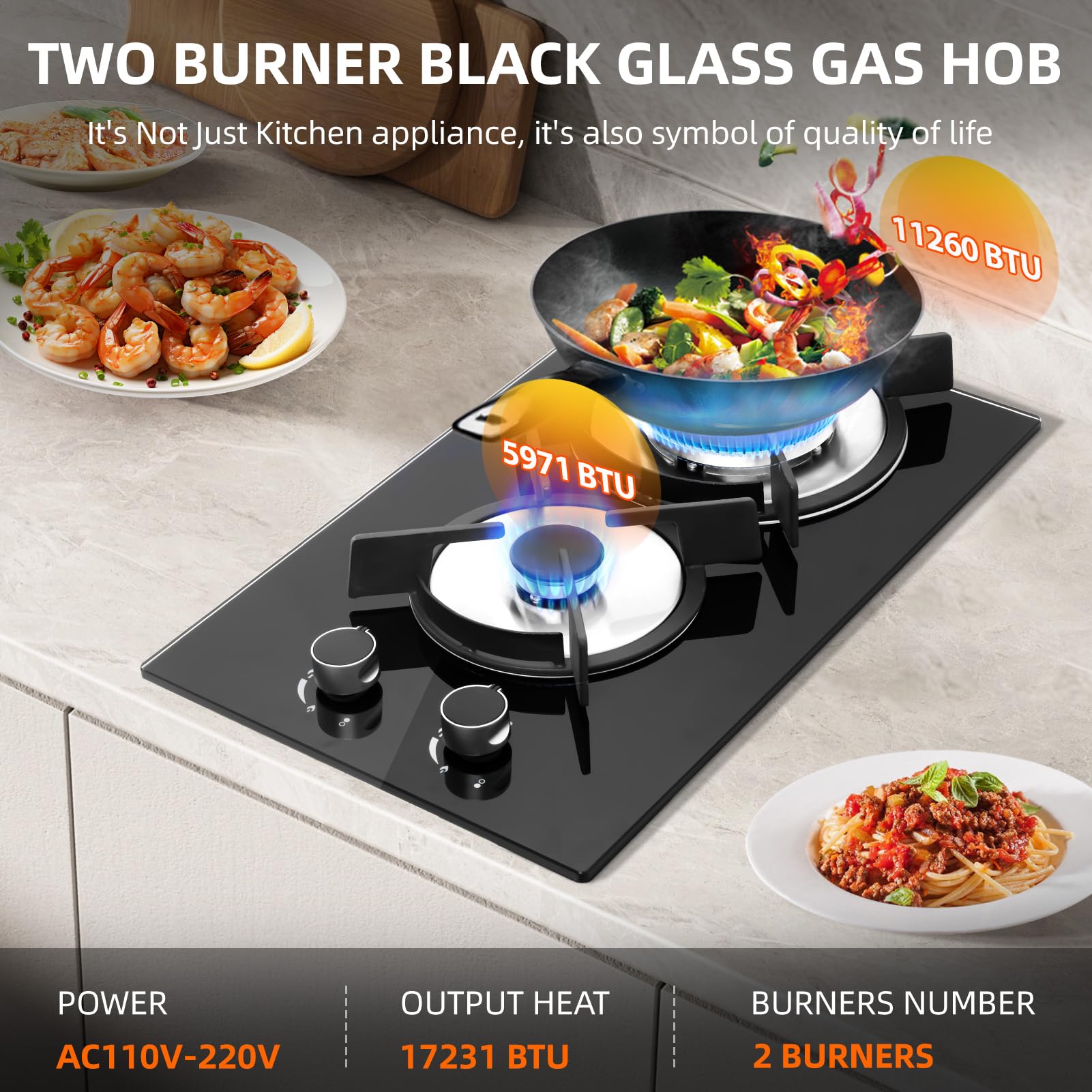 5050W Gas Hob 2 Burners, NG/LPG Convertible Induction Hob, 51cm Built-in Tempered Glass Panel, Electronic Lgnition + Flame Failure Protection (Black) - 5