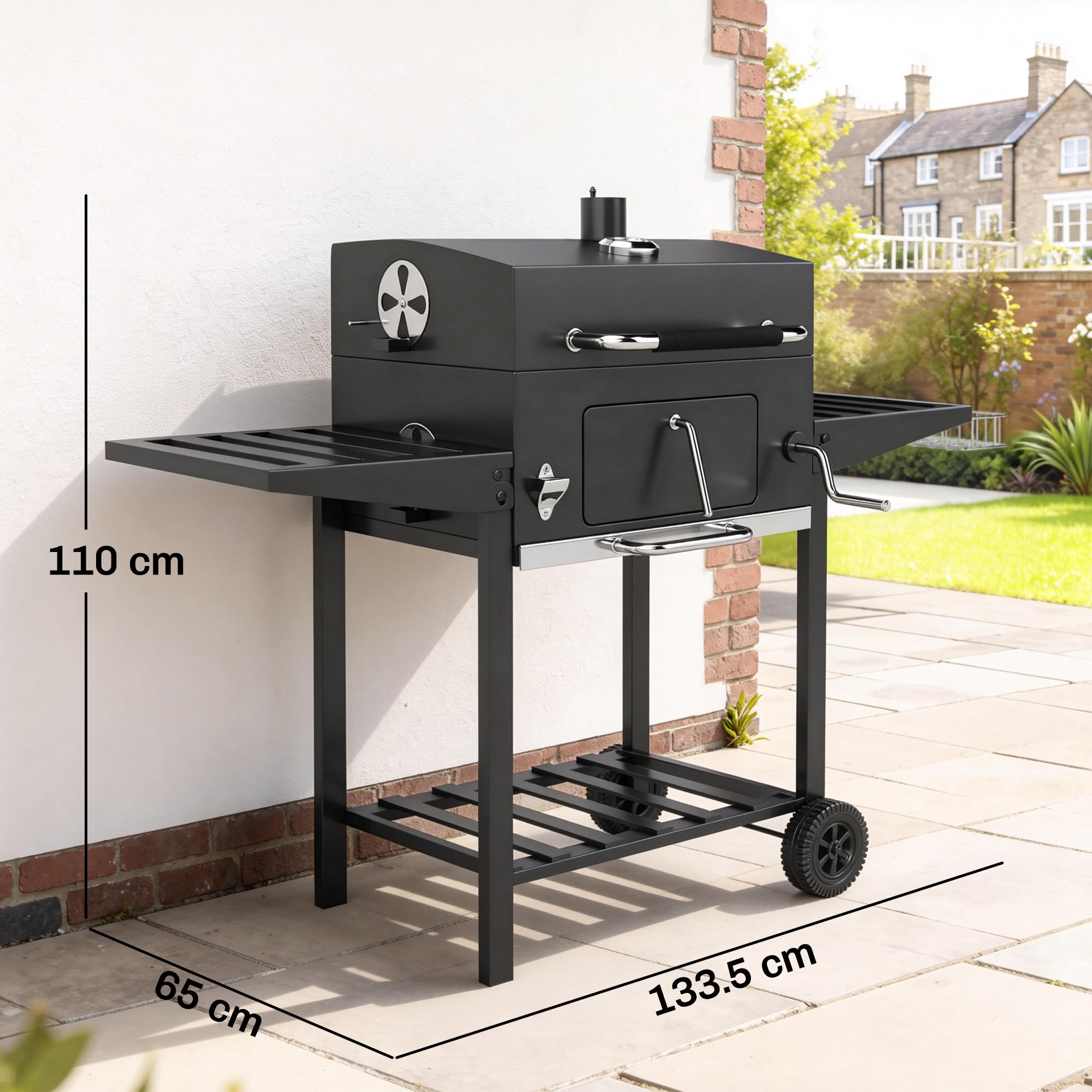 Outsunny Barbecue Carbonella con Griglia, Sfiati Vasca Carbone Regolabile, Carrello BBQ Barbecue Portatile con Coperchio, Ripiani Pieghevoli, Termometro, Cestino, Ganci, Ruote, per Campeggio, Nero
