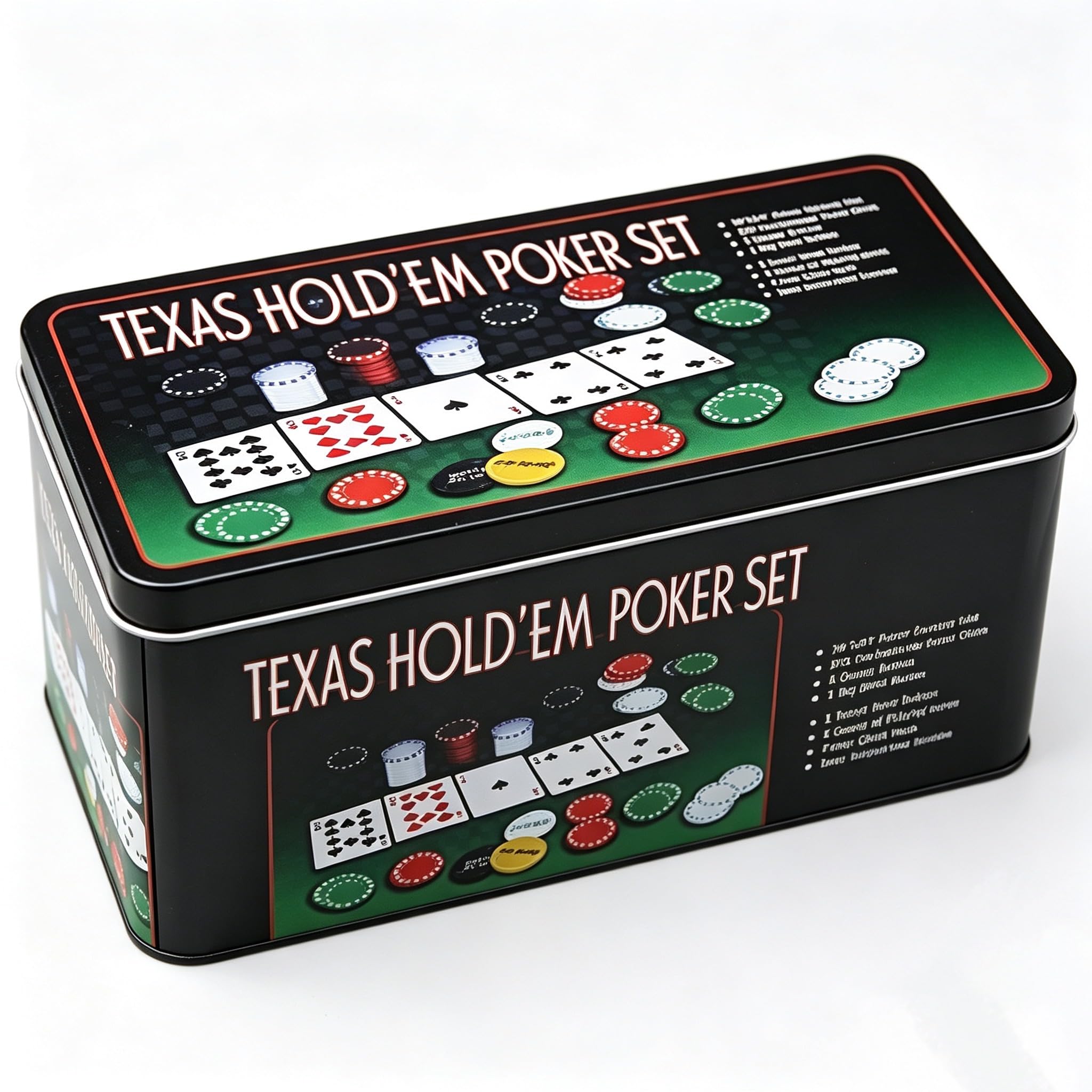 ISDI Set de poker Boîte en métal, 200 jetons de poker, 2 couvertures, bouton livreur, petite aveugle, tapis de jeu