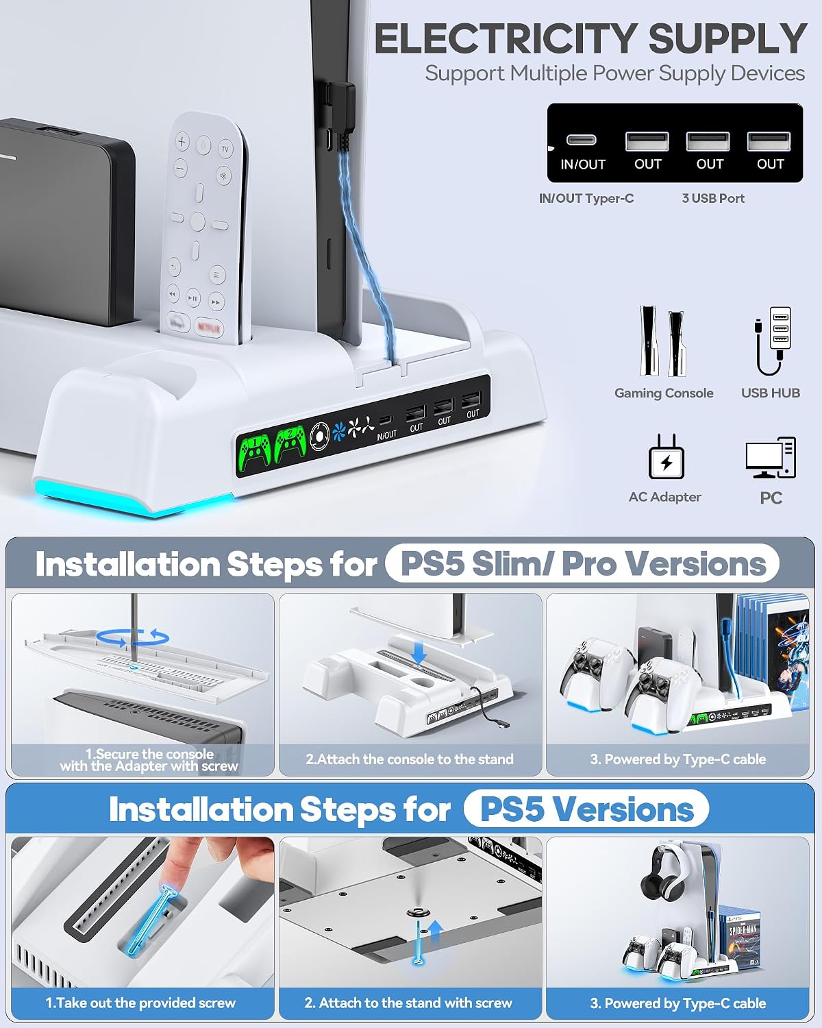 P5/Slim/Pro Stand and Cooling Station with LED Controller Charging Station for P5 Console, Controller Charger, Cooling Stand, P5/Slim/Pro Accessories Kit with 3 Level Cooler Fan