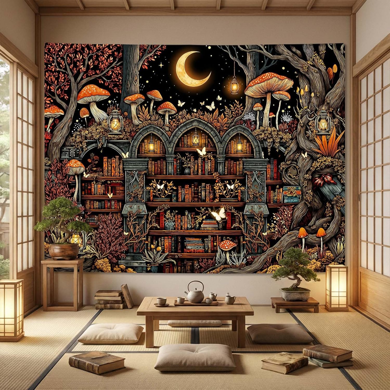 Wegklazax Enchanted Woodland Library Tapestry, Magical Forest Bookcase Wall Art, Fantasy Nature Book Nook Decor 90" L x 70" W