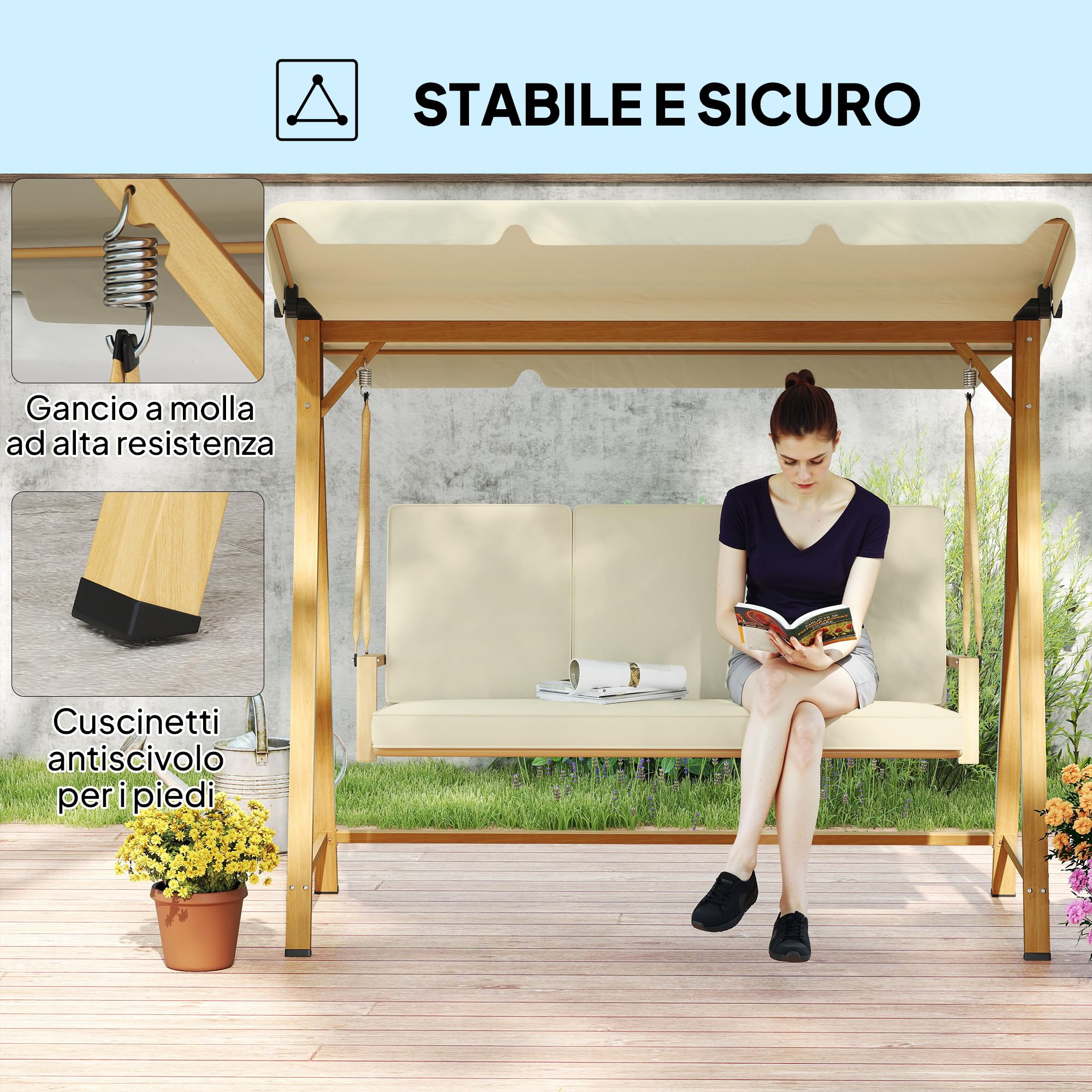 Outsunny Dondolo da Giardino 3 Posti con Tettuccio Parasole Regolabile, Dondolo da Esterno con Cuscini e Struttura in Metallo Effetto Legno, Portata Fino a 330 kg, UV 30+, 195x120x170 cm, Beige