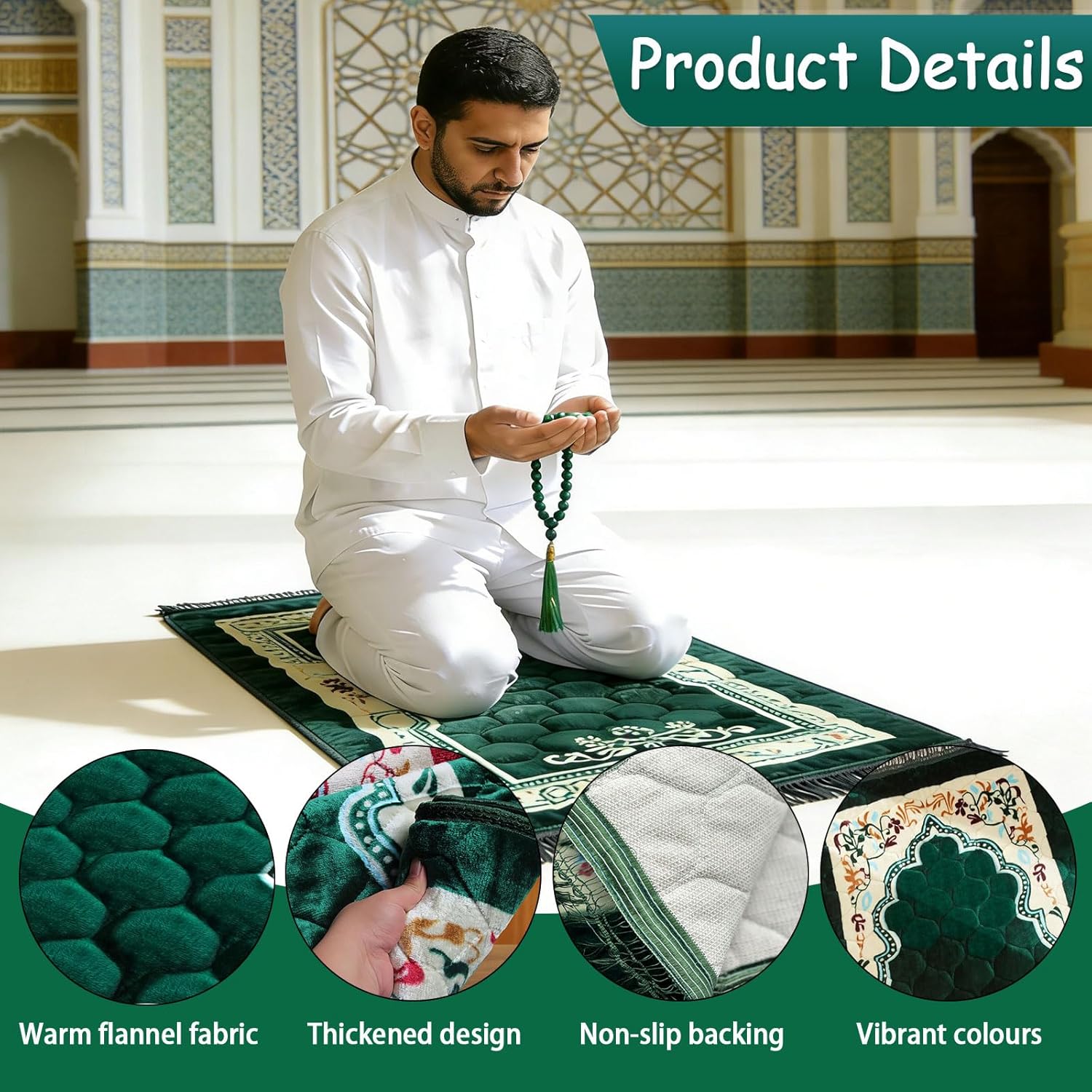 Funvalley Surperfect Premium Prayer Mat with Tasbih Prayer Beads-Large Soft Non-Slip Muslim Prayer Rug,Elegant Green Design for Home,Mosque,Travel-Eid Ramadan Gift for Women,Men,Kids
