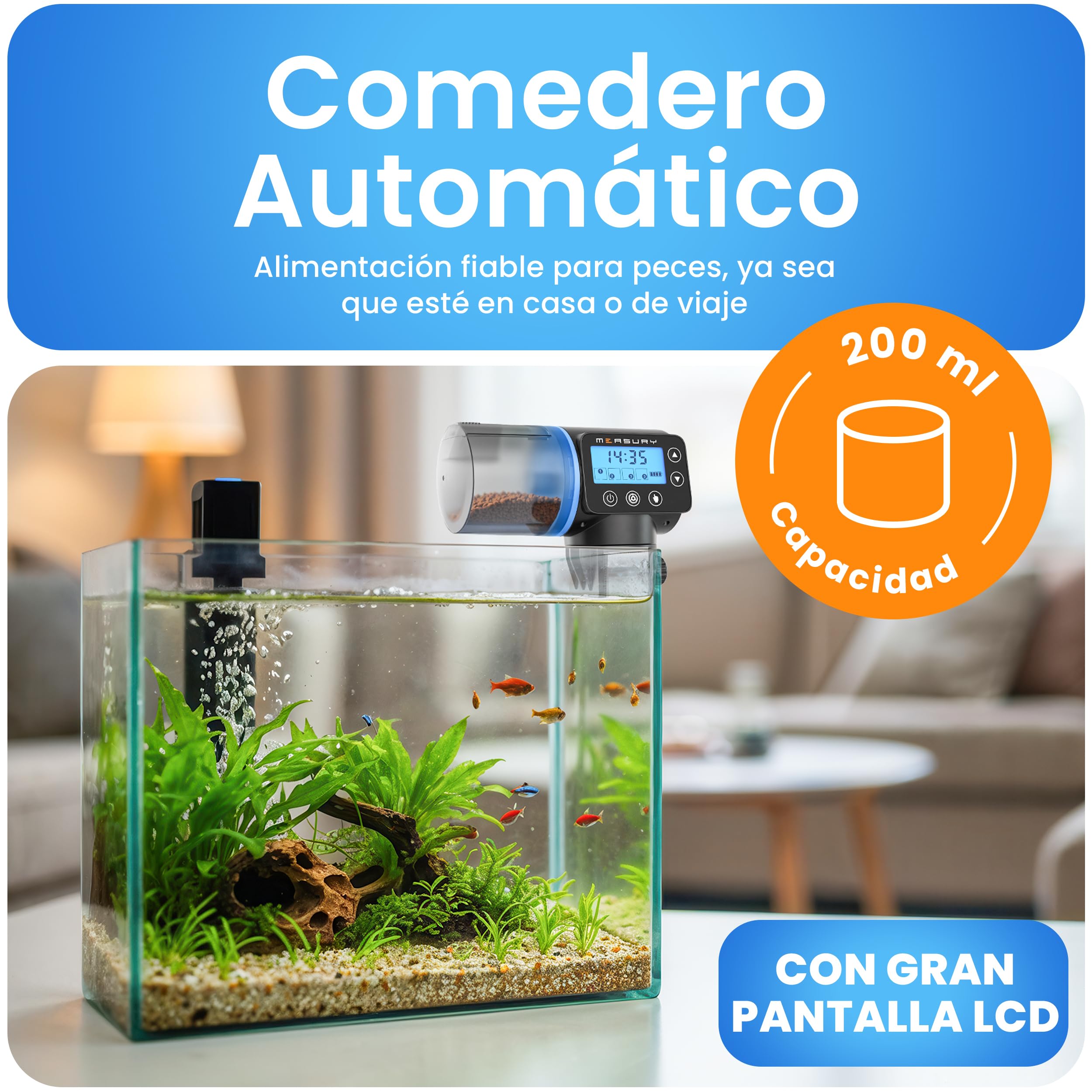 Measury Comedero Automatico Peces, Alimentador automatico Acuario hasta 4 Veces al día, Dispensador Comida Peces