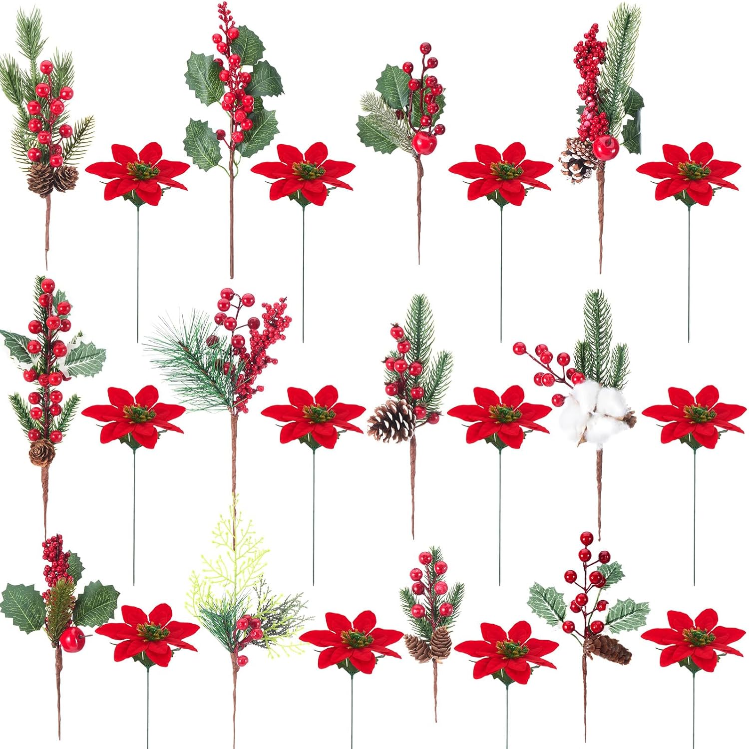 WILLBOND 人工クリスマスツリーピック レッドベリー パインピック スプレー ベリーの枝 ポインセチア ヒイラギ 松 花 ピッ