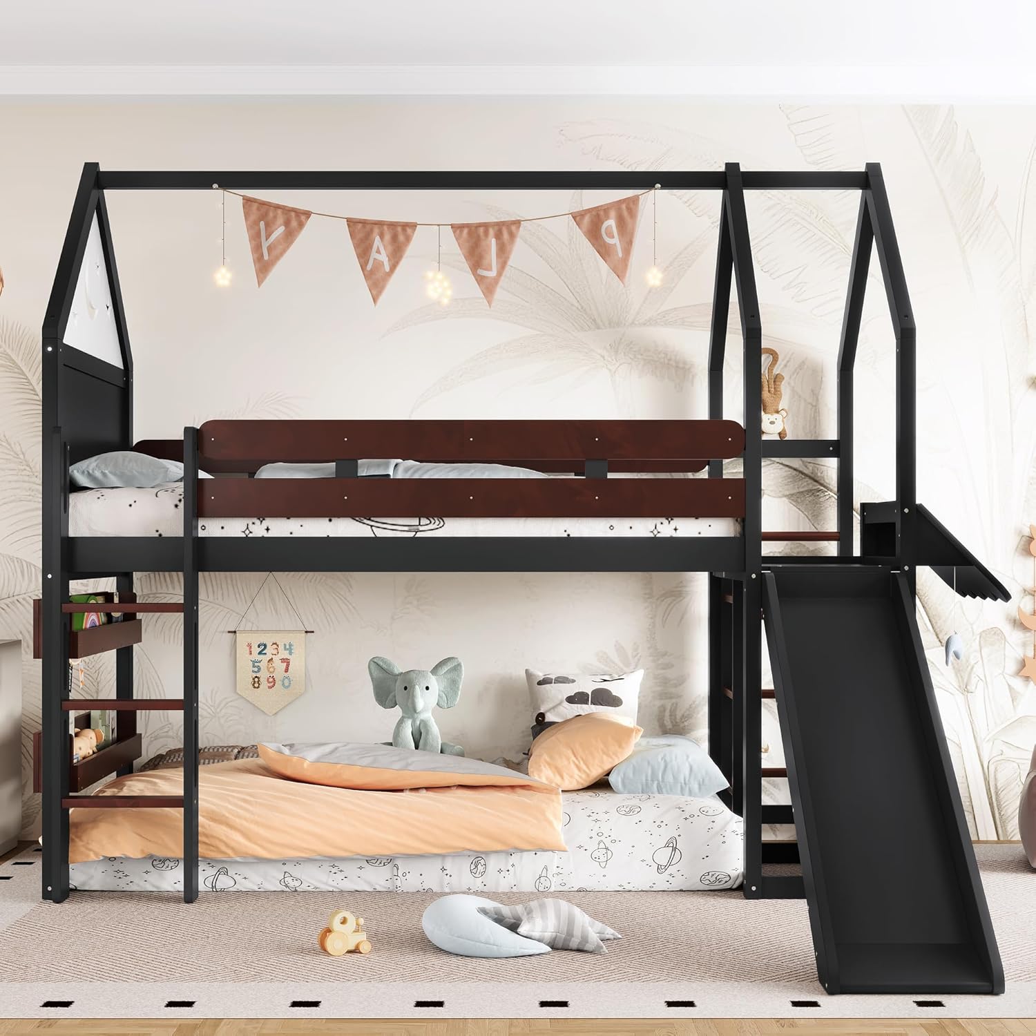 Twin Size House Loft Bed with Slide for Kids Teens Boys Girls, Solid Wood House Roof Loft Bed Frame with Bookshelf Safety Rails (Black-12R)