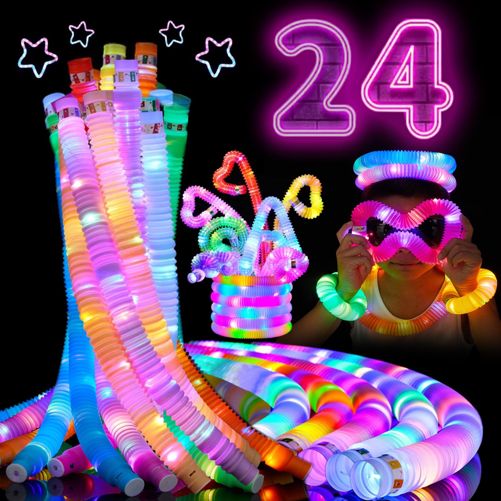 AIRNEY 24 PCS LED Pop Tubes, Light Up Glow Tubes, Glow in the Dark Party Supplies, Sensory Toys Birthday Party Favors for Kids, Light Up Toys