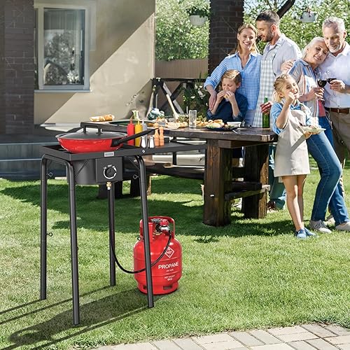 Miniatura 7 de ROVSUN Estufa de gas propano de un solo quemador con estante lateral y bolsa de transporte, estufa portátil de 100,000 BTU con patas extraíbles y