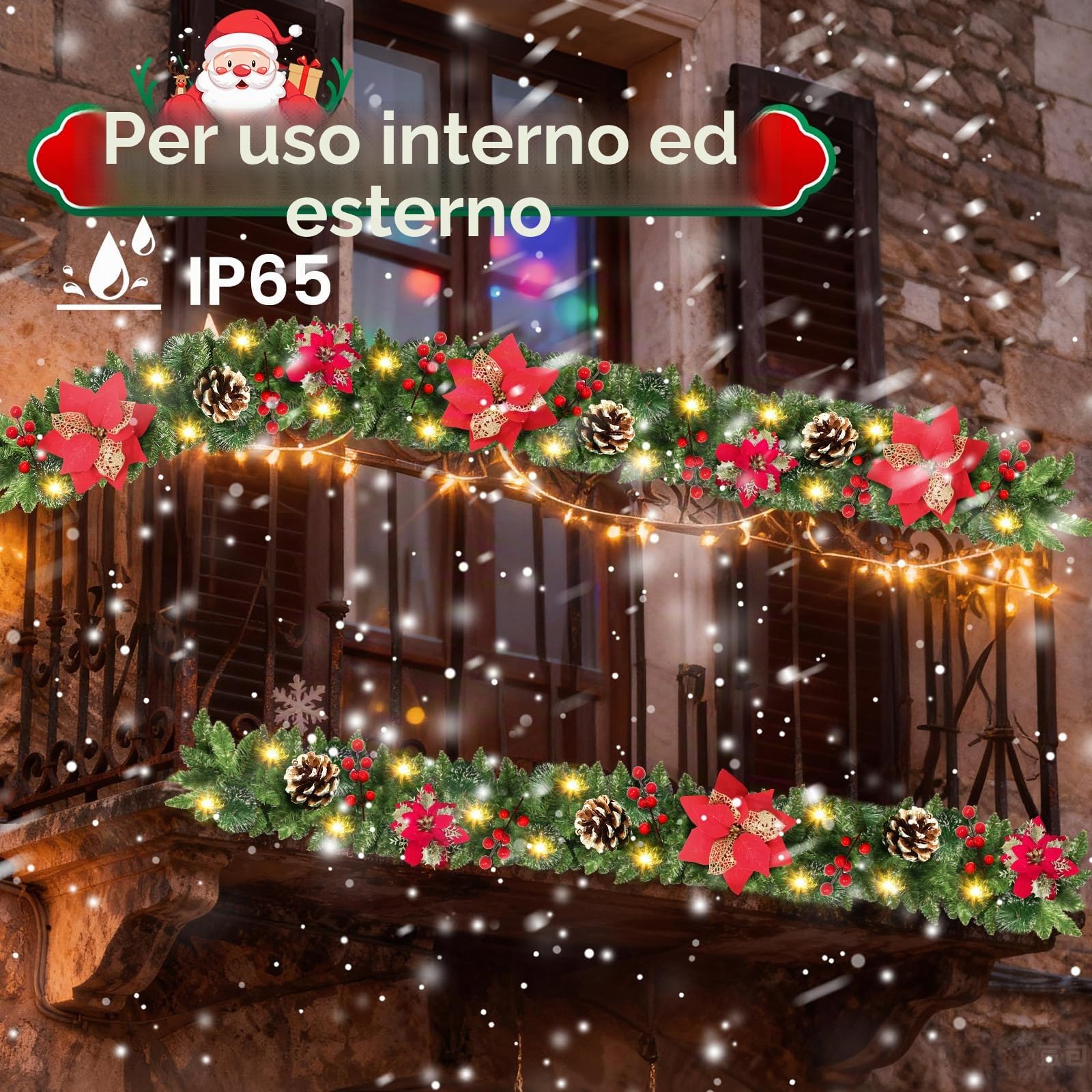 JTSIOV Ghirlanda Natalizia, 2,7 Metri con 30 LED, a Batteria, Impermeabile IP65, con Timer, per Interni ed Esterni, Ideale per Scale, Caminetto e Porta d'Ingresso