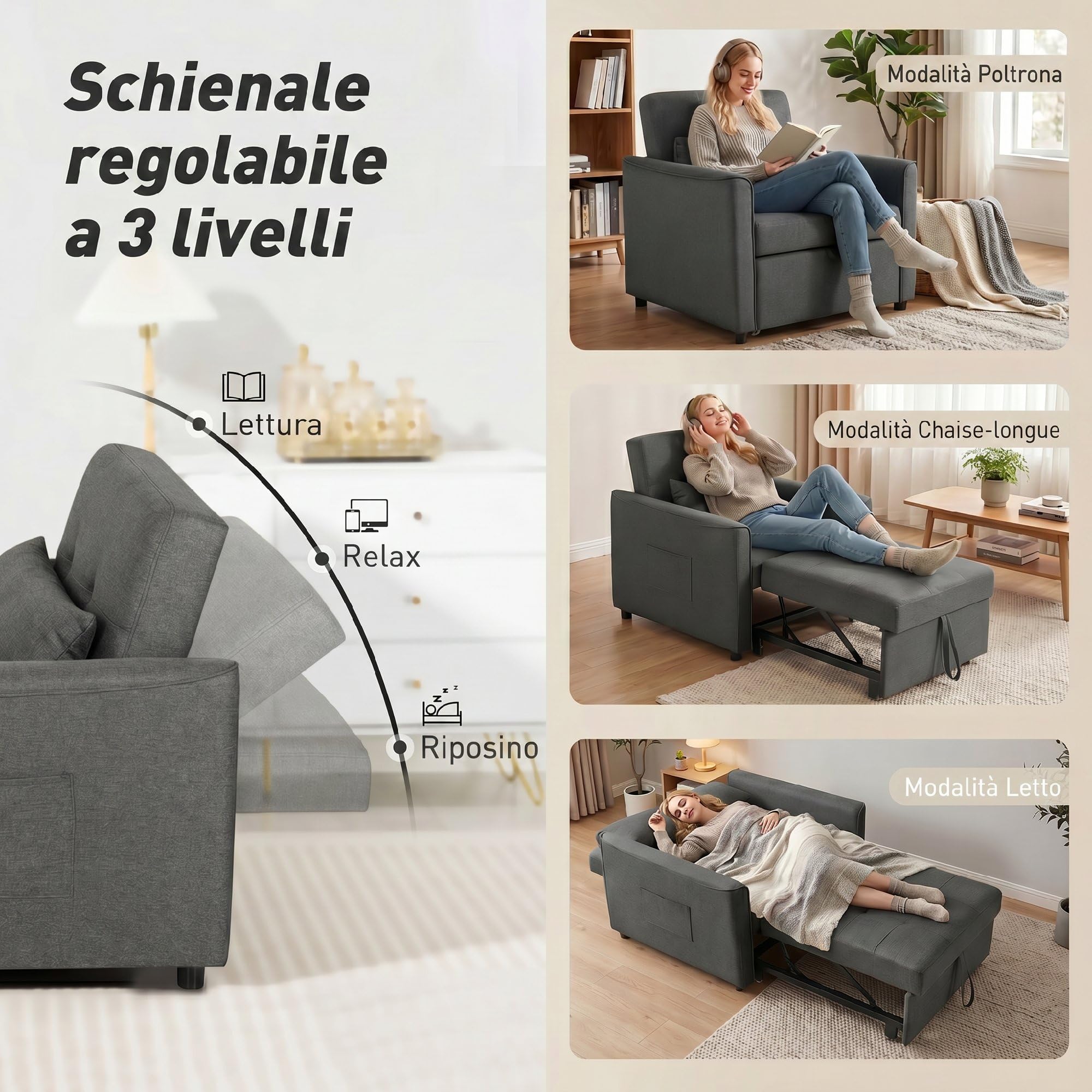HOMCOM Poltrona Letto Singolo 3 in 1 Pieghevole, Schienale Regolabile 3 Posizioni, Cuscino, Divano Letto Imbottito Salvaspazio in Tessuto Effetto Lino e Legno con Ruote, Tasche, 69x82x85cm, Grigio