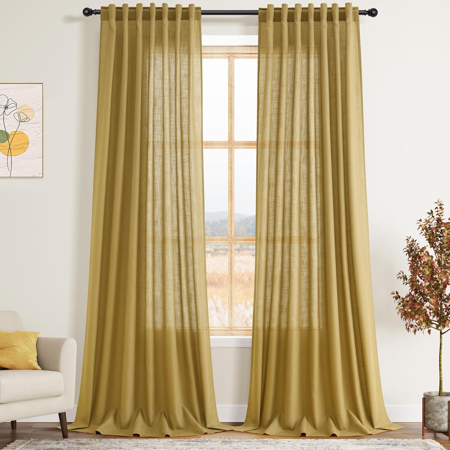 Nanspring Linen Curtains 108 Inches Long for Living Room Bedroom 2 Panels Set Gold Extra Long Back Tab Curtain Light Filtering Sheer Drapes Floor to Ceiling Curtain for Large Windows 52x108