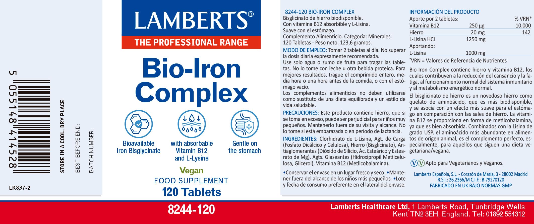 Lamberts Bio-Iron Complex | 120 Tabletas | Apto para Veganos | Sin Gluten | Hierro Bisglicinato 20 mg | B12 Metilcobalamina 250 µg | L-Lisina 1000 mg | Suave Estómago | Calidad Farmacéutica GMP