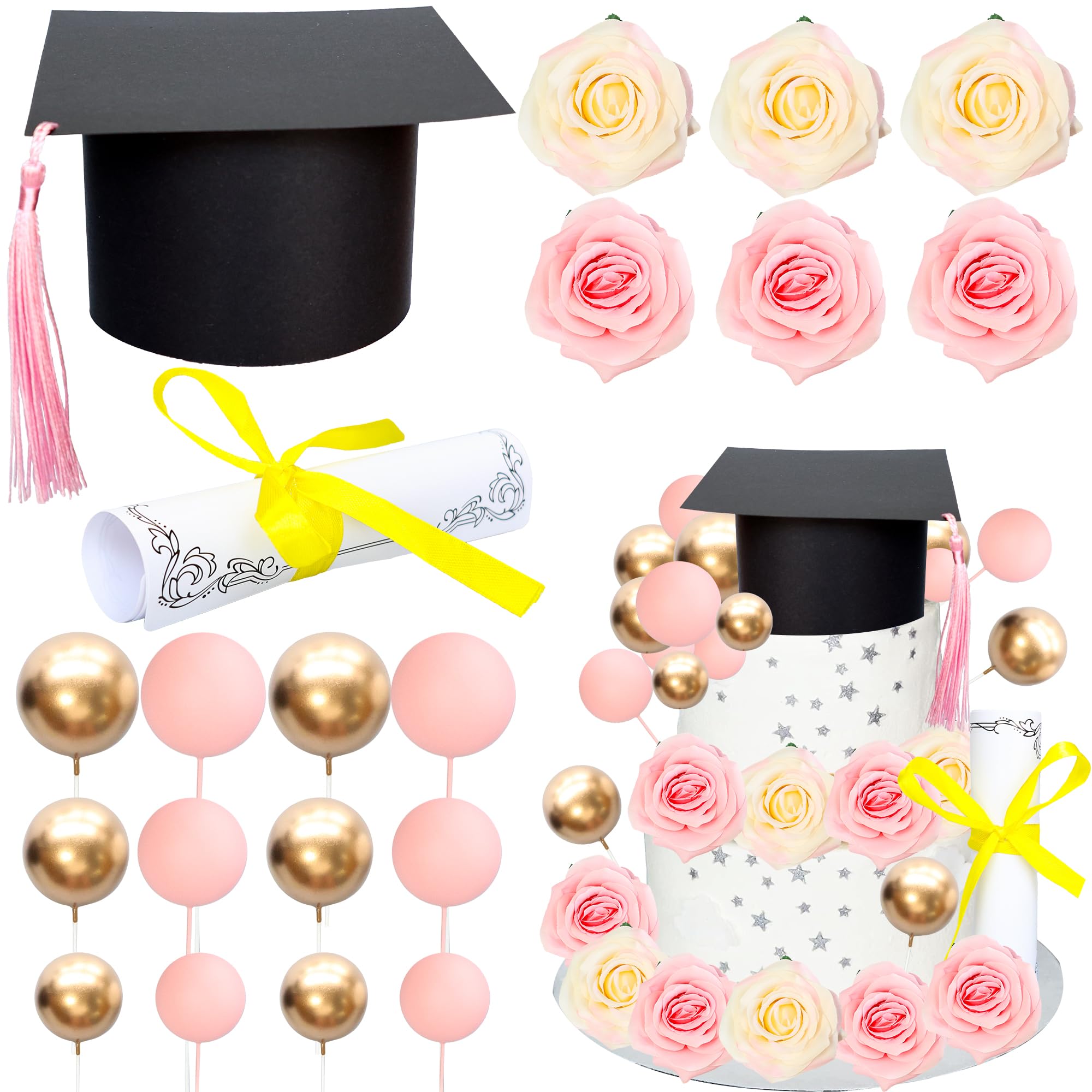 Gyufise 40Pcs 2026 Graduation Cake Topper Decoration Diploma Done Diploma Grad Cap Cake Pick Balloon Flower Prom 2026 Cake Decorations for Class of