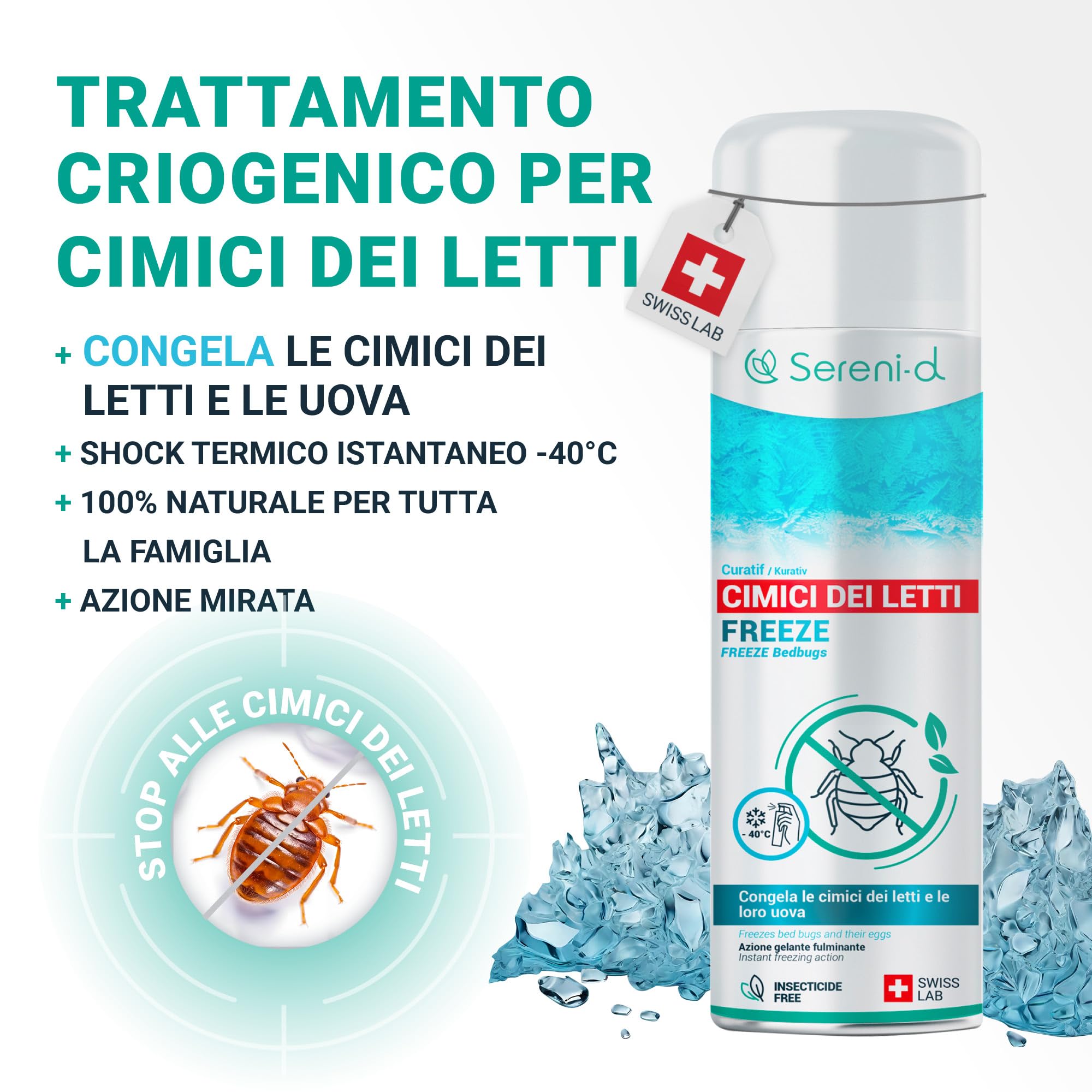 FREEZE CIMICI DA LETTO – TRATTAMENTO NATURALE FULMINANTE – L'azione FREEZE uccide le cimici da letto (uova, larve e adulti) con il freddo – Azione IMMEDIATA ed EFFICACE – Swiss Lab