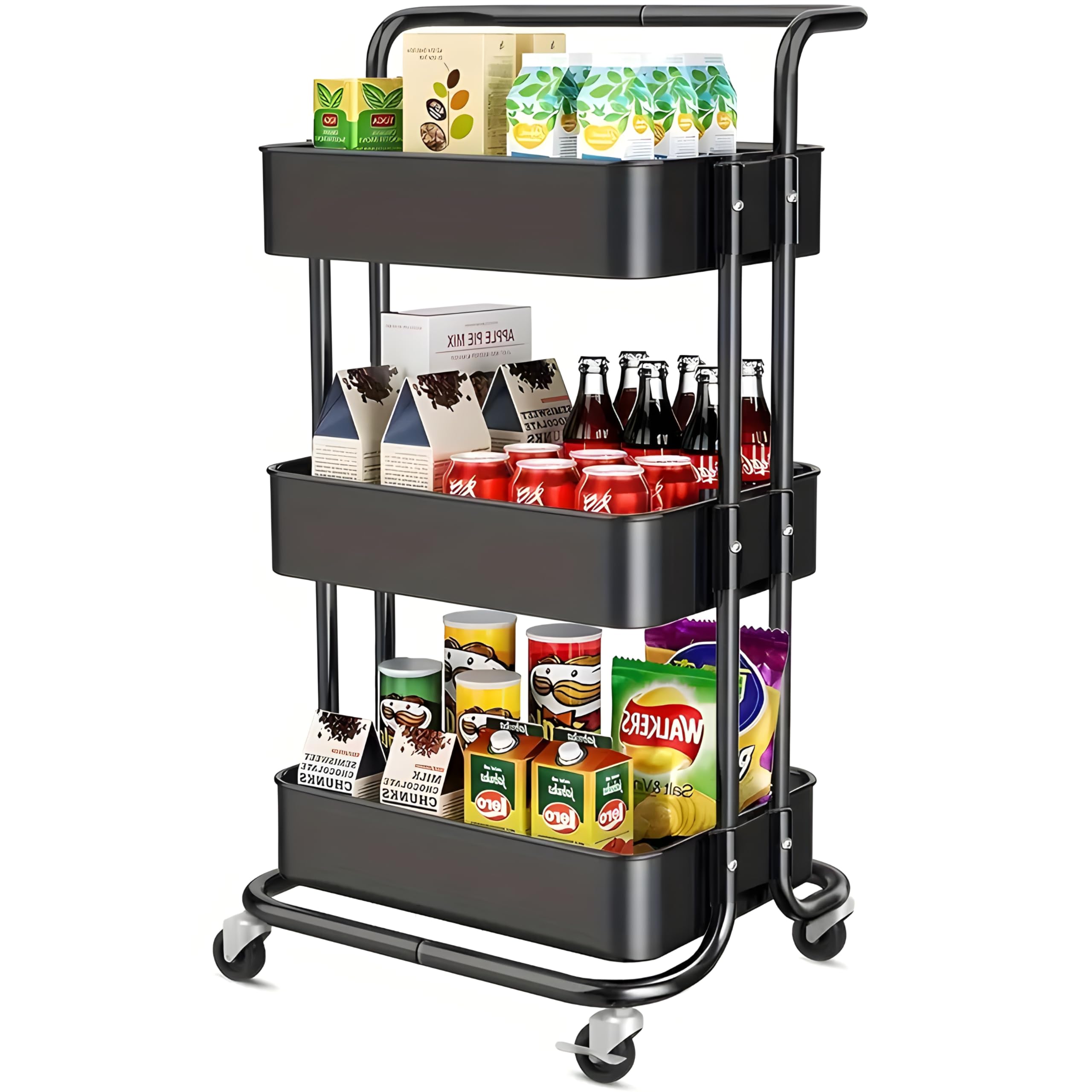 3 Tier Kitchen Trolley Rack, Kitchen Cart/Rolling Metal Organization with Handle & Caster Lockable Wheels/Organizer Racks Self/Racks for Storage Multipurpose (80HX45LX31W CM - Black)