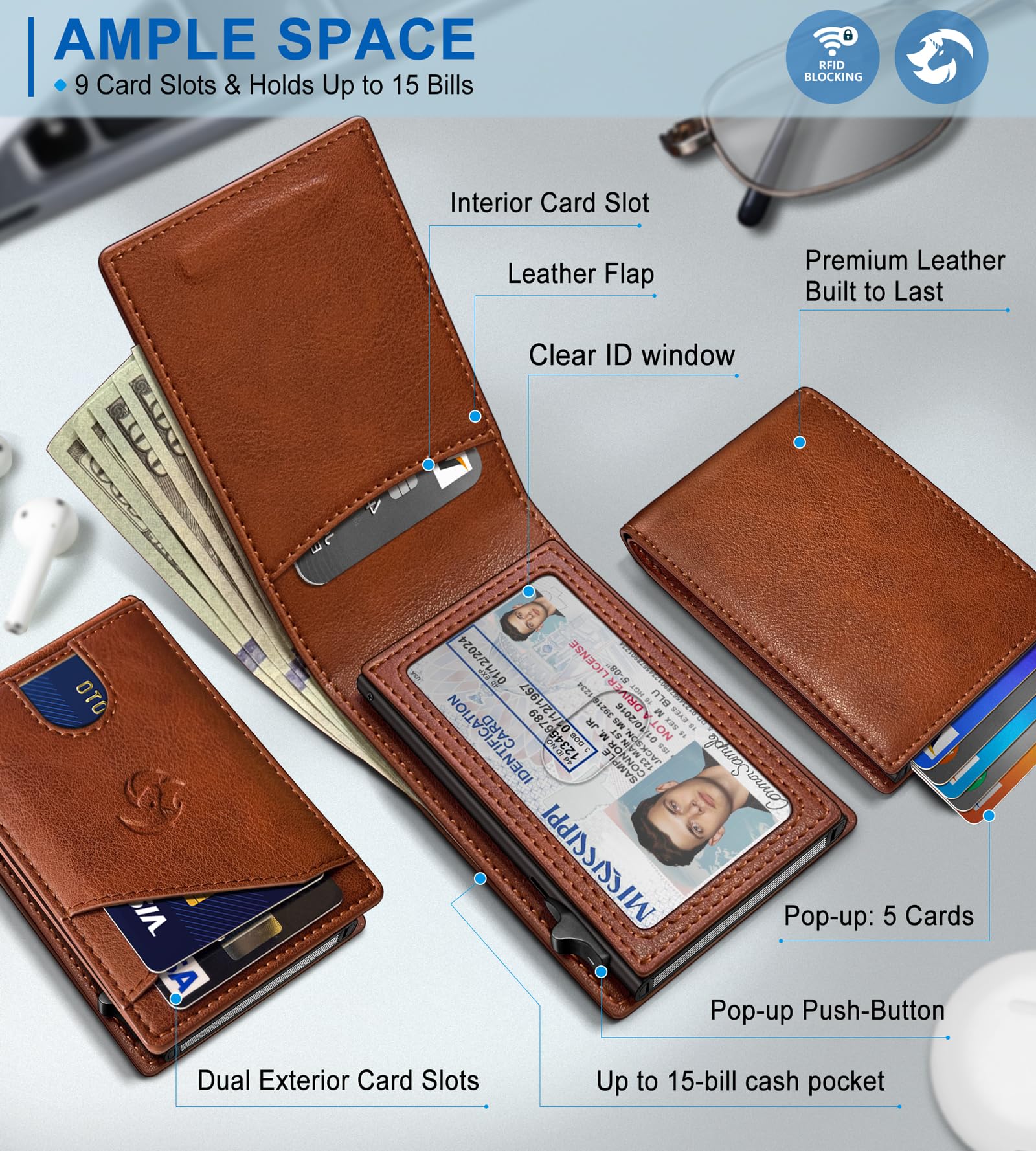 Portfel dla mężczyzn, smukłe etui na karty z blokadą RFID, minimalistyczny składany portfel z 9 przegródkami na karty, okienkiem na dowód osobisty i kieszenią na gotówkę, metalowe etui z