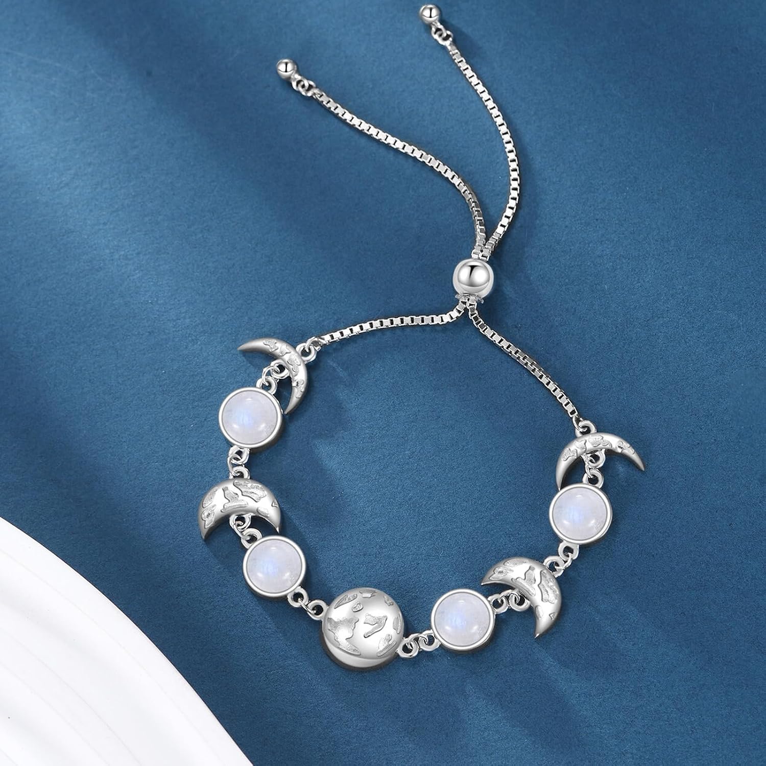Genuine Moonstone Sun and Moon Link Bracelet, Sterling Silver Real Gemstone Healing Adjustable Bracelet Jewelry for Women, 6.5''-7.5''