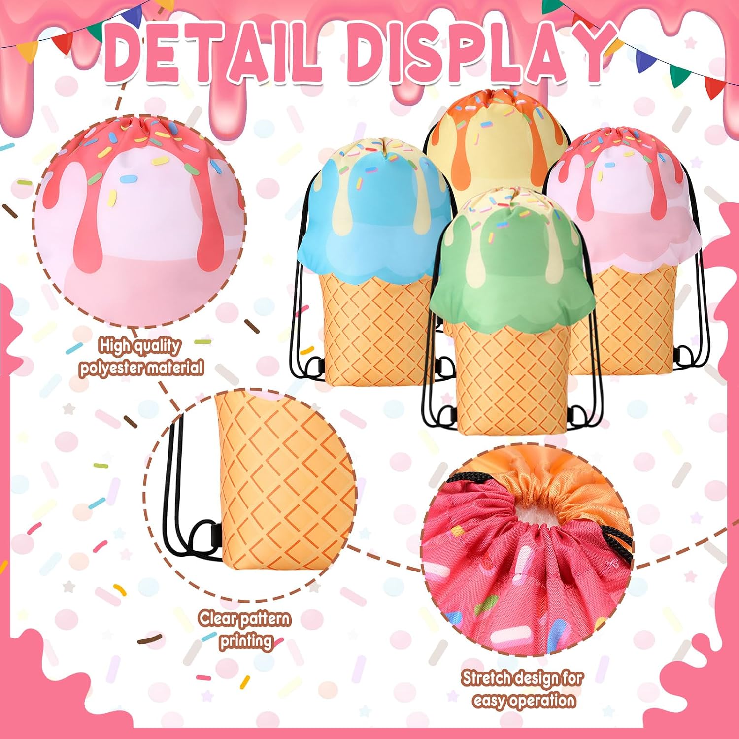 Sunnymove 16 Pcs Ice Cream Party Favor Bag, Ice Cream Drawstring Bag,Cones | Two Sweet Drawstring Backpacks, Macaron Color, Waffle Design, Candy Goodie Treat Gift Bags, Summer Birthday Party Supplies