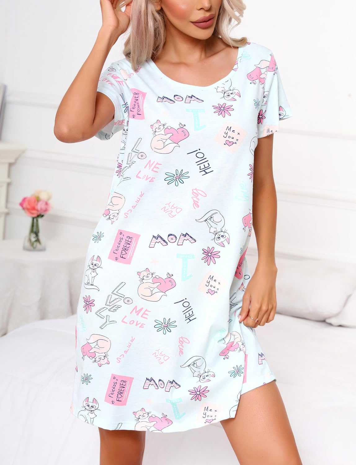 PNAEONG Women's Nightgowns Short Sleeves Cotton Sleepwear Print Sleep Shirt XTSY108-Blue Cat-XL - Image 3