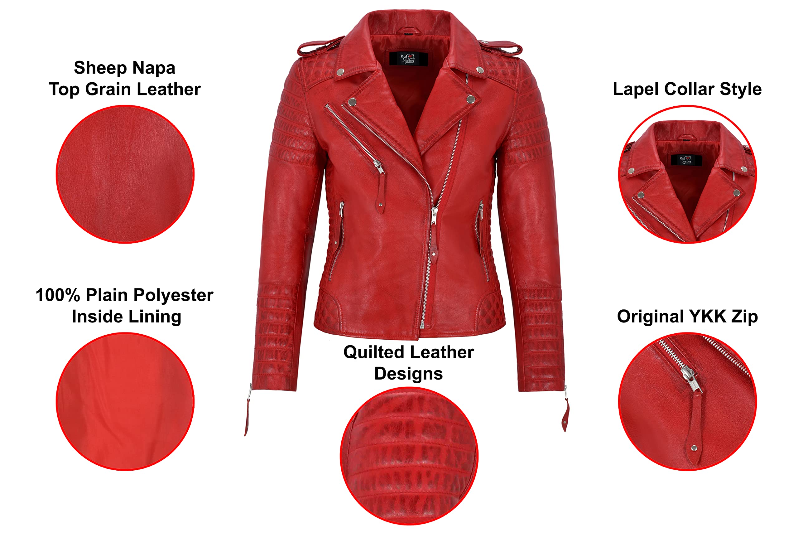 Chaqueta de cuero para mujer, clásica, estilo motero, piel de cordero real, 2260 Rojo rosso 36 ES/Busto 74 cm