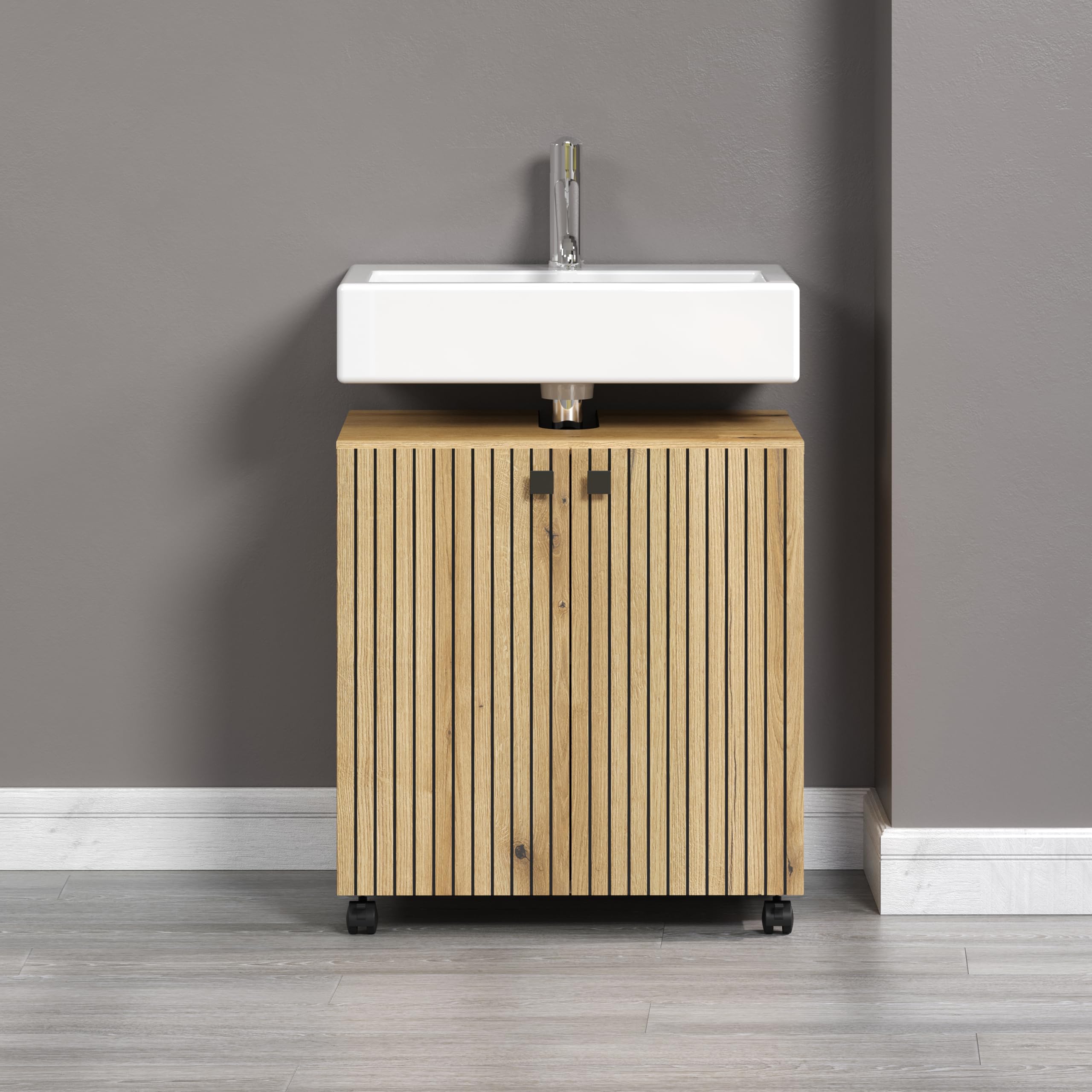 trendteam smart living - PureBliss - Waschbeckenunterschrank auf Rollen - Evoke Eiche - Rillenoptik - 1 Einlegeboden - (BxHxT) 60 x 64 x 42cm - edle Metallgriffe - kratzfest