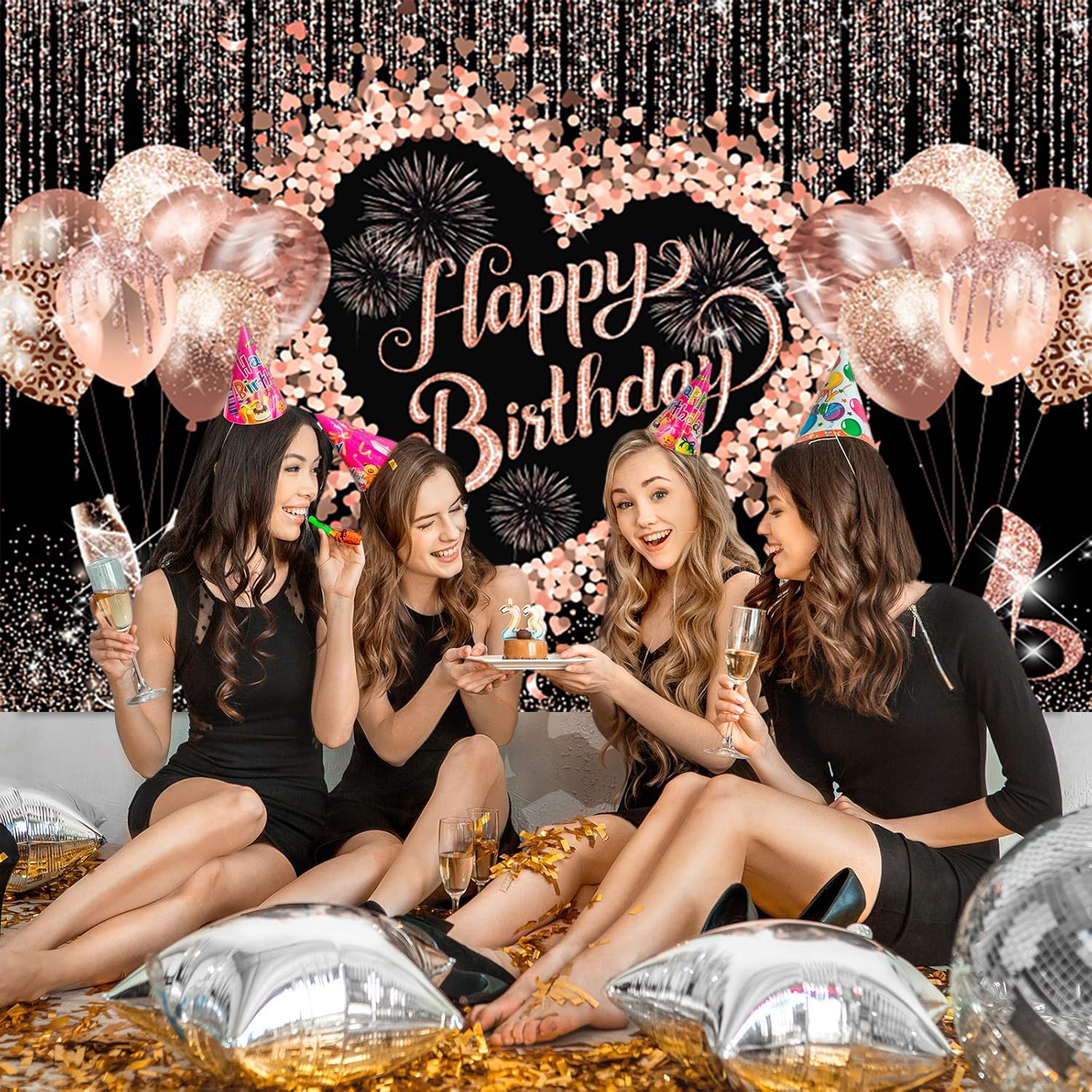 3x2.4m Sfondo Buon Compleanno Rosa Glitter Palloncini Tacchi alti Champagne Vetro Fotografia Sfondo Donne Ragazze Decorazioni Festa di compleanno Banner Photo Booth Props