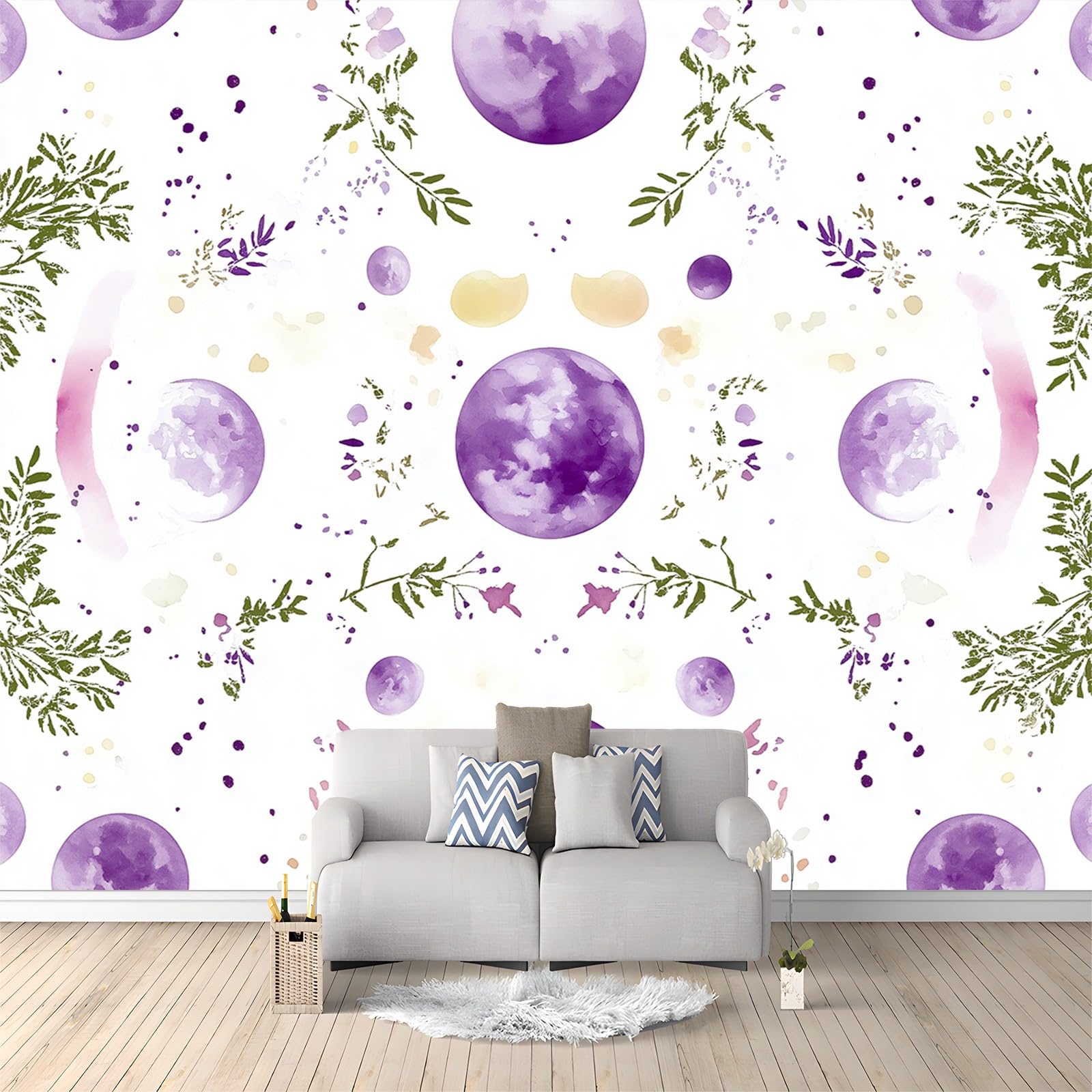 Panoramiczne tapety kwiaty akwarela księżyc fioletowy zielony 200 x 140 cm (szer. x wys.), gigantyczny plakat ścienny 3D nowoczesna tapeta dekoracja ścienna salon sypialnia sypialnia biuro tapeta