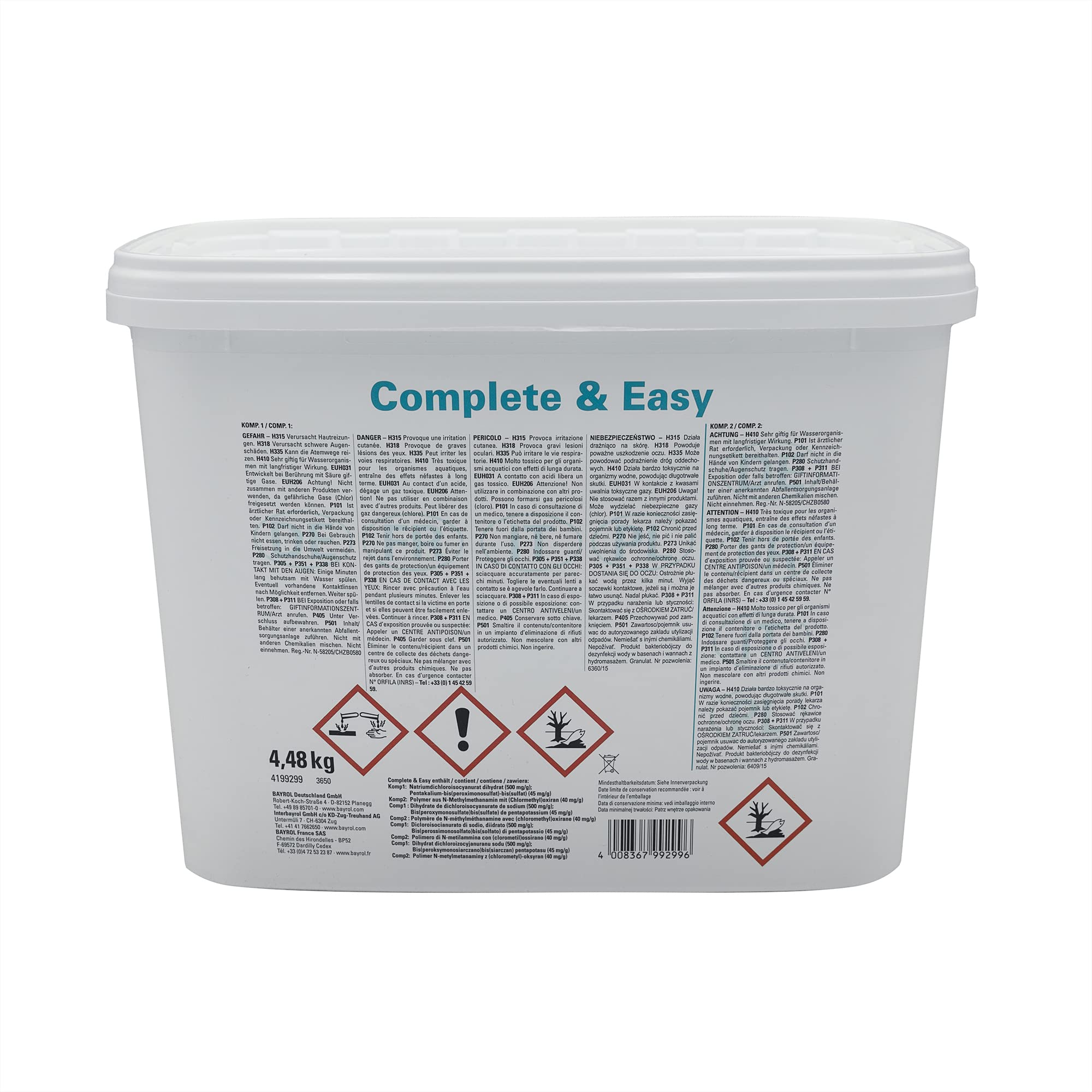 BAYROL Complete & Easy (16 sachets) - 4,48kg | Combiné Chlore/Oxygène Actif avec Effet Anti-Algues - Désinfection Régulière - Sachets pré-dosés - sans sulfate de cuivre + 10 Tests HPS OFFERTS 6 en 1