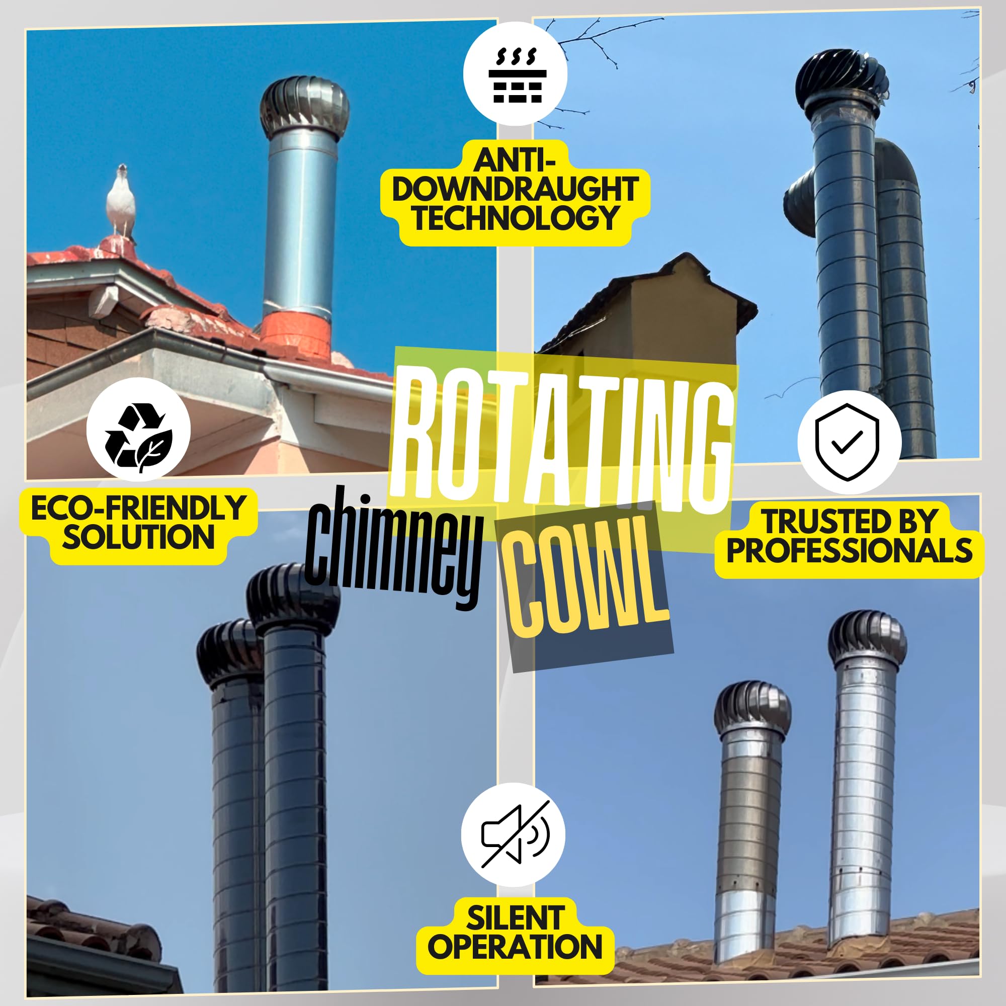 SUNIFY Comignolo Girevole Acciaio Inox – Aspiratore Eolico Antifumo per Camino e Canna Fumaria, Migliora il Tiraggio del Camino, Cappello Camino Rotante Antivento per Stufa e Ventilazione – Ø200 mm