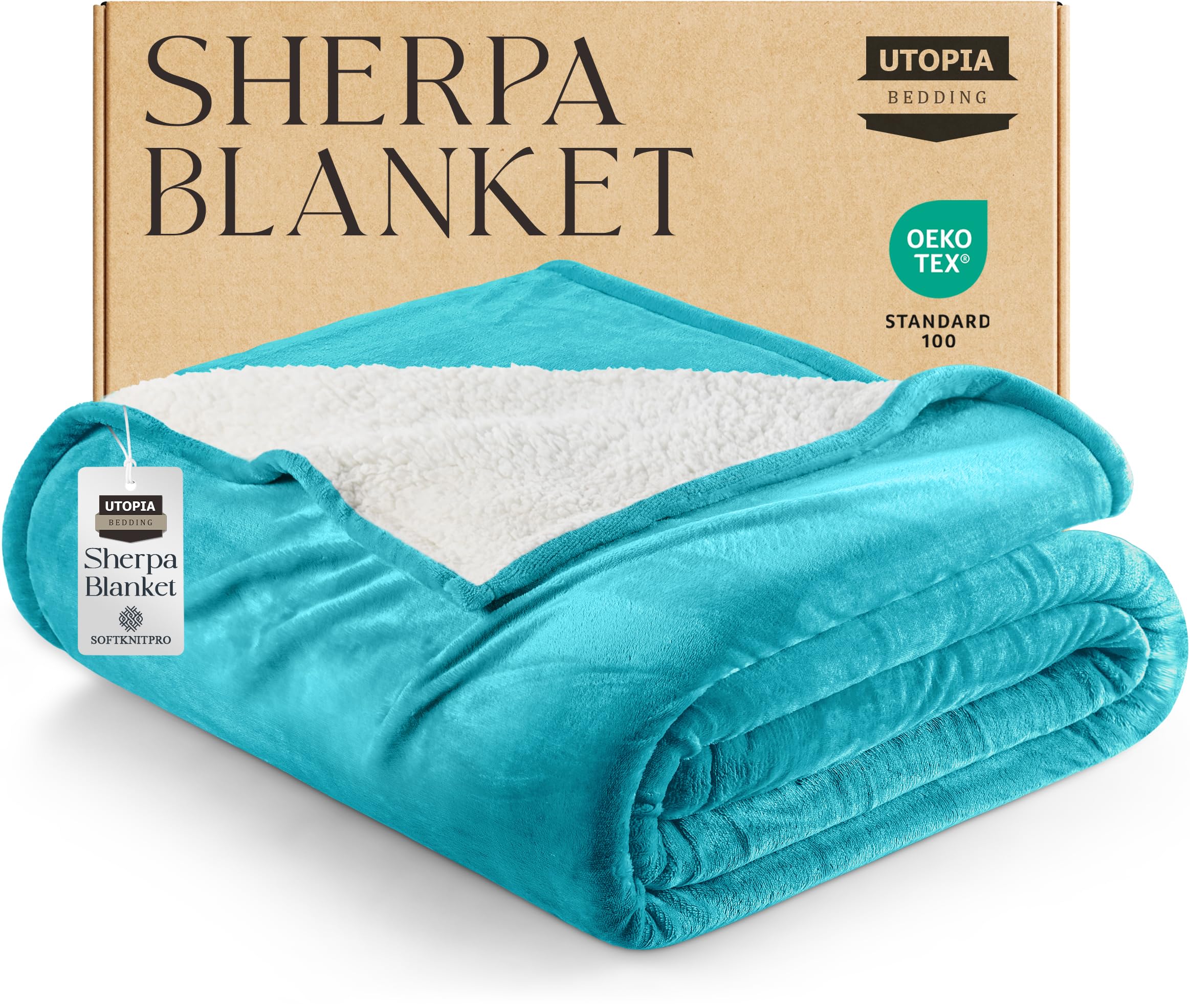 utopia bedding sherpa blanket king size (turquoise, 90x102 inches) - soft lightweight plush fleece reversible blanket for bed, sofa, couch, camping and travel