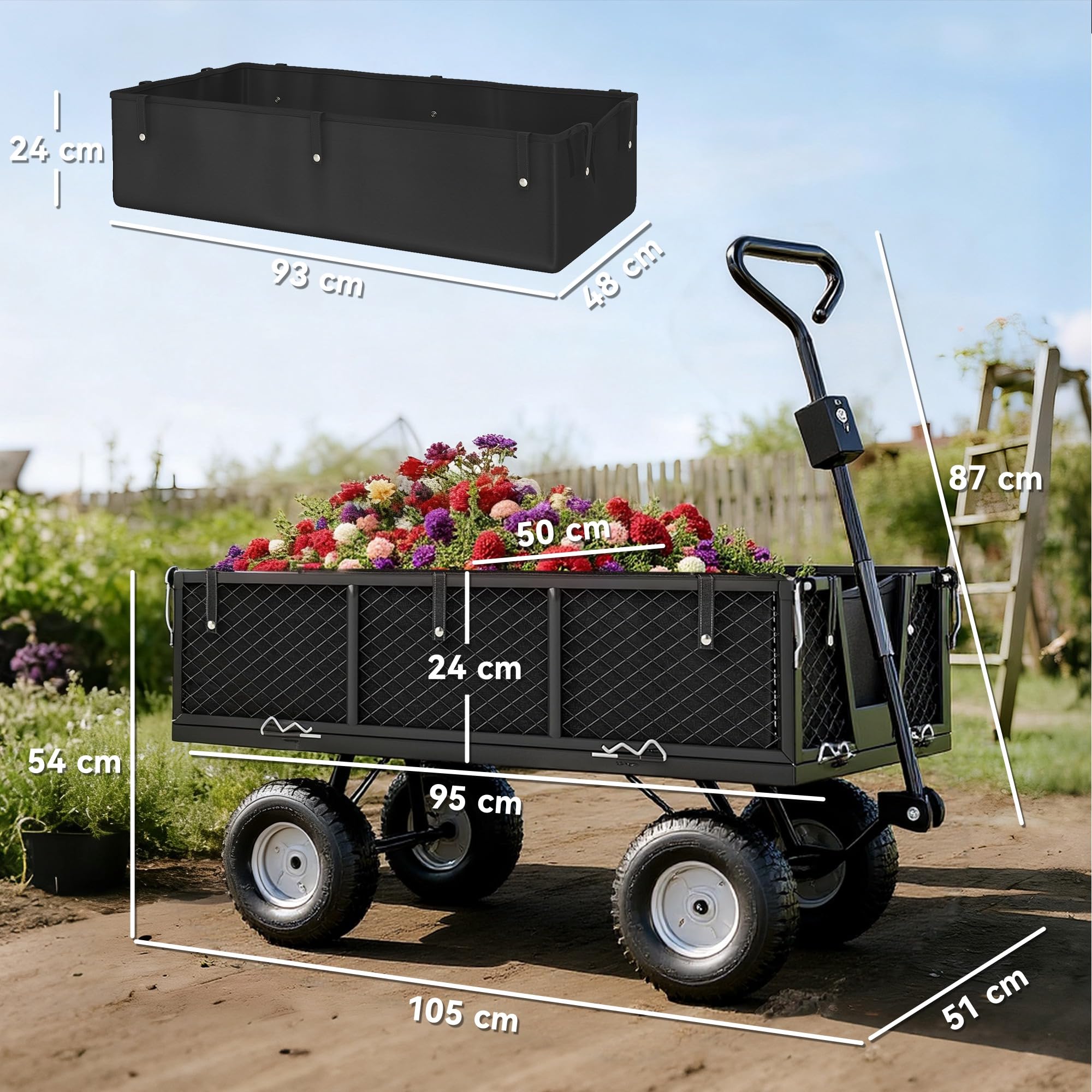 Outsunny Carrito de Jardín con Ruedas Grandes, Carga 300 kg, Carro de Mano con Asa Ajustable y Bolsa Impermeable Removible, Carrito de Transporte para Todo Terreno, Compra, Camping, Negro