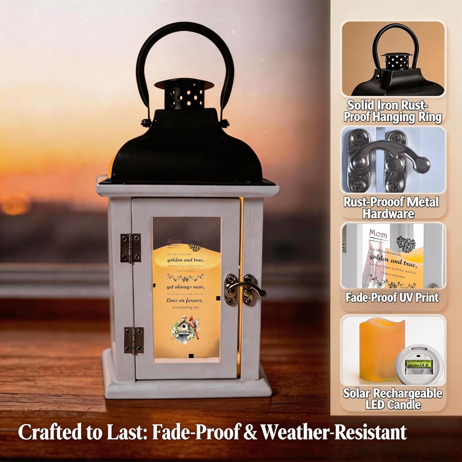 Memorial Lantern for Mom with Cardinal & Floral Design – Sympathy Gift for Loss of Mother, Bereavement Keepsake with Solar Candle