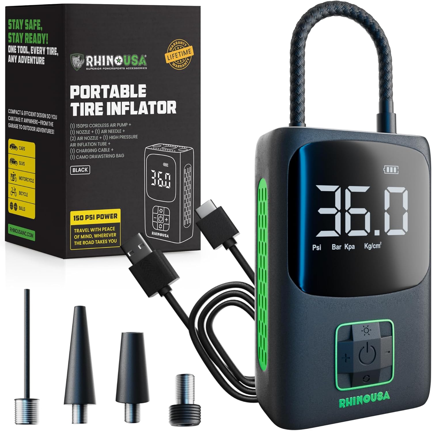 Rhino USA Portable Tire Inflator 150 PSI Air Compressor - Fast Battery Pump for Car & Bike Tires w/ Auto Shutoff & Dual LCD Gauge (Black/Green)