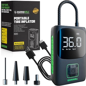 Rhino USA Tire Inflator Portable Air Compressor 150 PSI Upgraded Air Pump for Car Tires with Digital Pressure Gauge - Best Mini Air Pump for Bike Tires with Dual LCD Screen Black & Green
