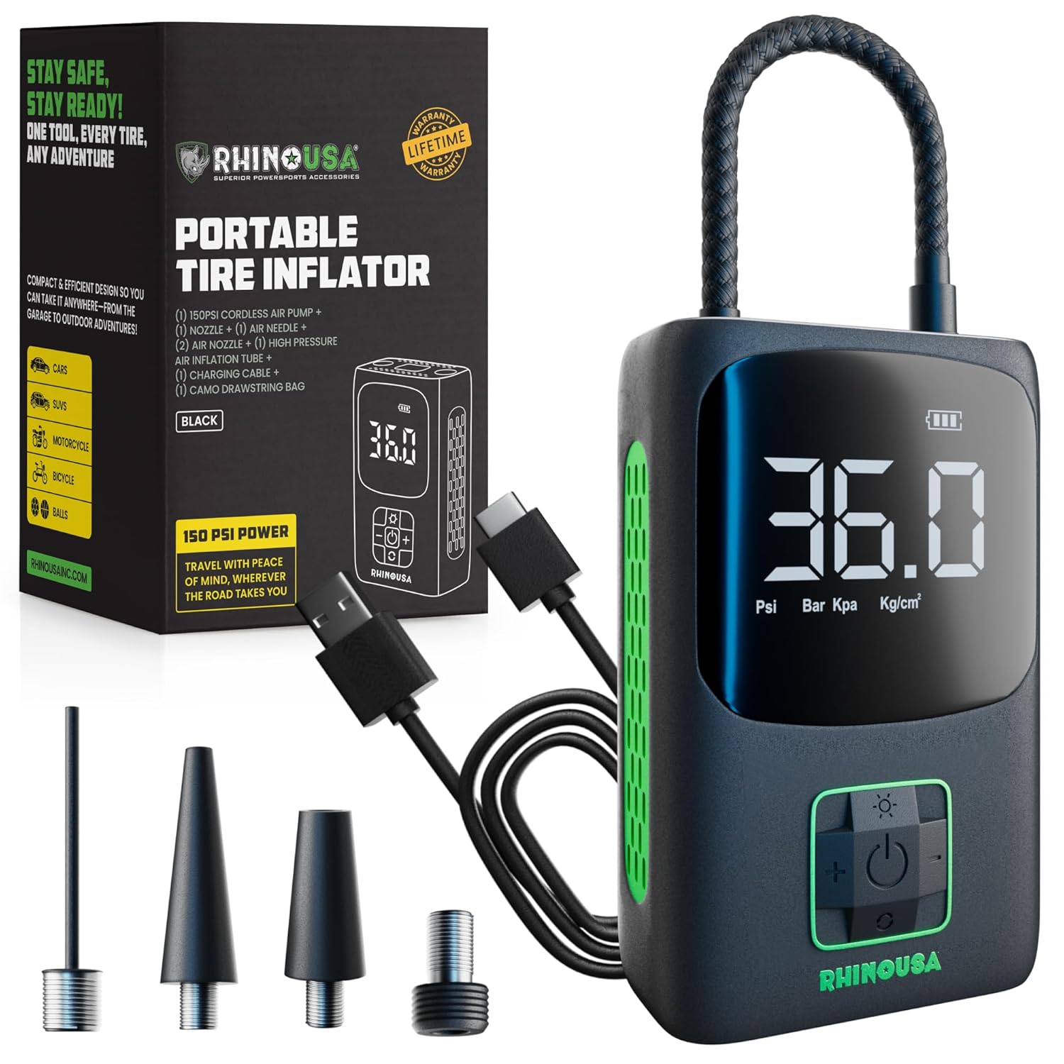 Rhino USA Tire Inflator Portable Air Compressor 150 PSI Upgraded Air Pump for Car Tires with Digital Pressure