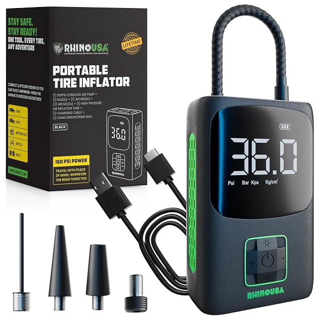 Rhino USA Tire Inflator Portable Air Compressor 150 PSI Upgraded Air Pump for Car Tires with Digital Pressure