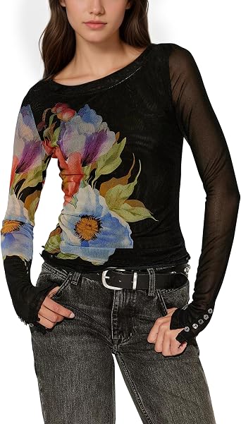 calbatic Women Floral Mesh Long Sleeve T Shirts Crew Neck Slim Fit Tee Top Y2k Night Out Dressy Going Out Spring Shirt Tops