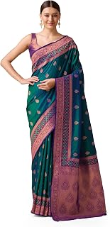 Monjolika Fashion Women's Elegant Banarasi Silk Saree with Intricate Zari Work with Rich Brocade Patterns and Unstitched B... Price In India