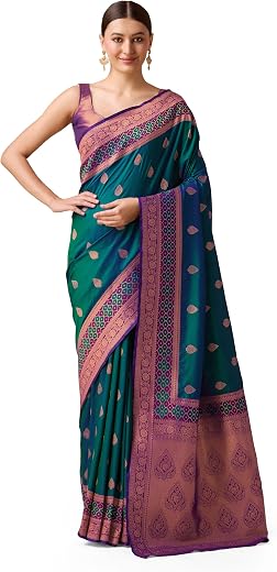 Monjolika Fashion Women's Elegant Banarasi Silk Saree with Intricate Zari Work with Rich Brocade Patterns and Unstitched B...