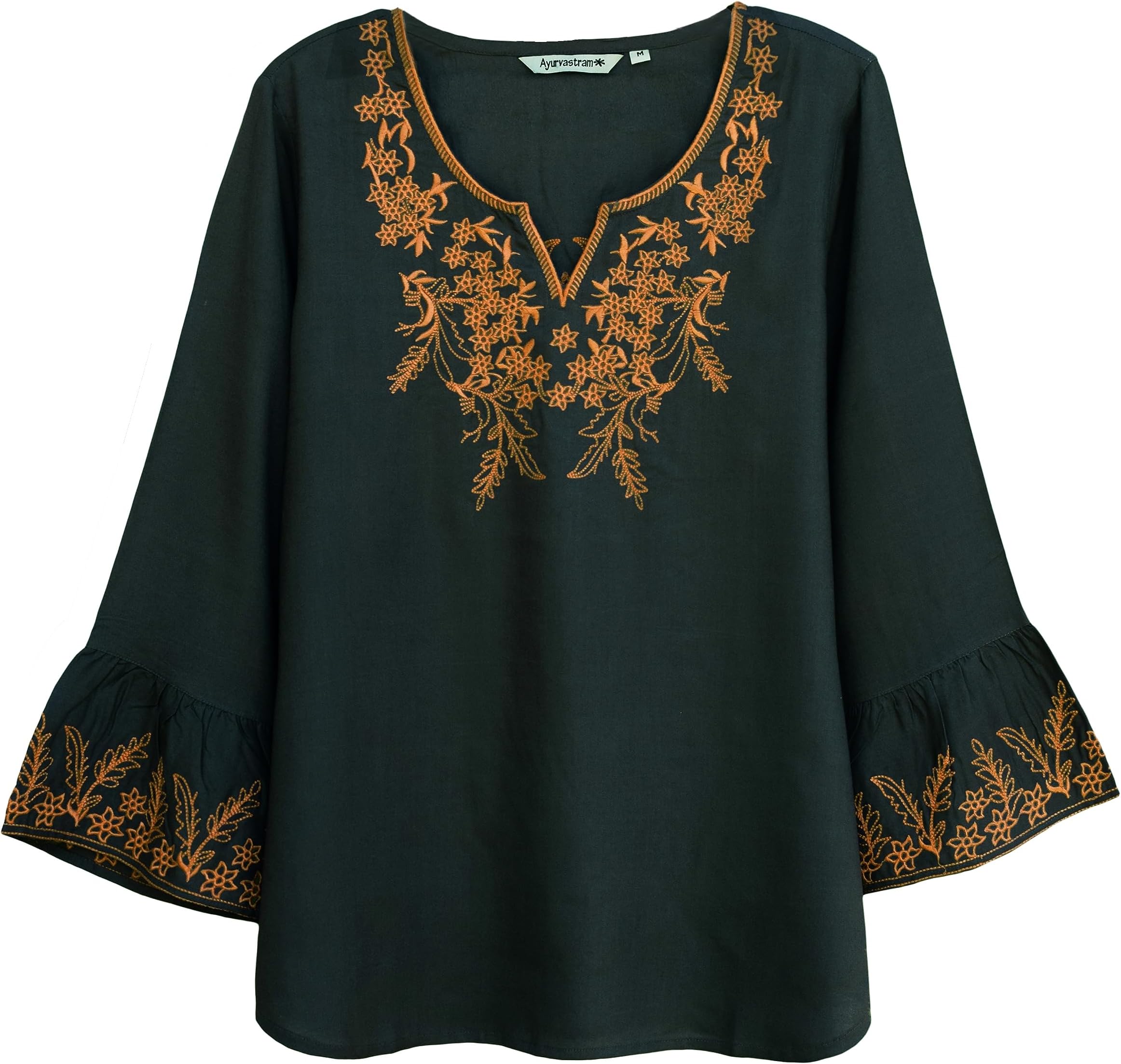 AyurvastramTia Viscose Rayon Embroidered, Bell Sleeves Tunic Top Bouse