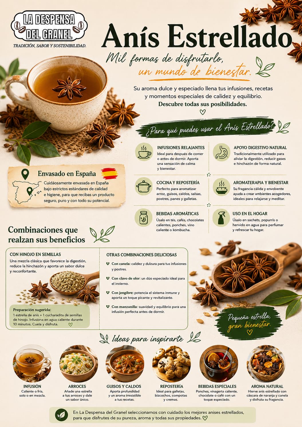 La Despensa del Granel Anís Estrellado Entero 100g | Especia para Infusiones y Cocina | Aroma Intenso y Sabor Dulce | 100% Natural | Sin Conservantes ni Aditivos