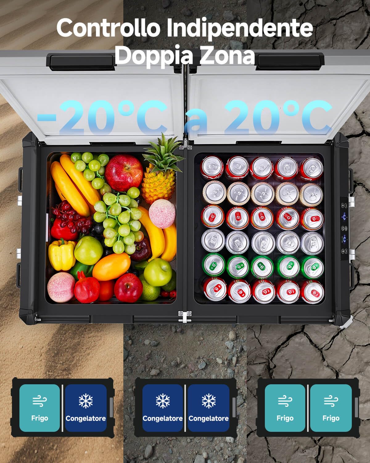AAOBOSI Frigo Portatile Doppia Zona 75L, Scocca Acciaio Inox & Interno in Alluminio Stampato, 12/24V & 100-240V, Frigo Da Campeggio APP Controllo,Frigorifero Per Auto, Camper，Nautica. Contenitore