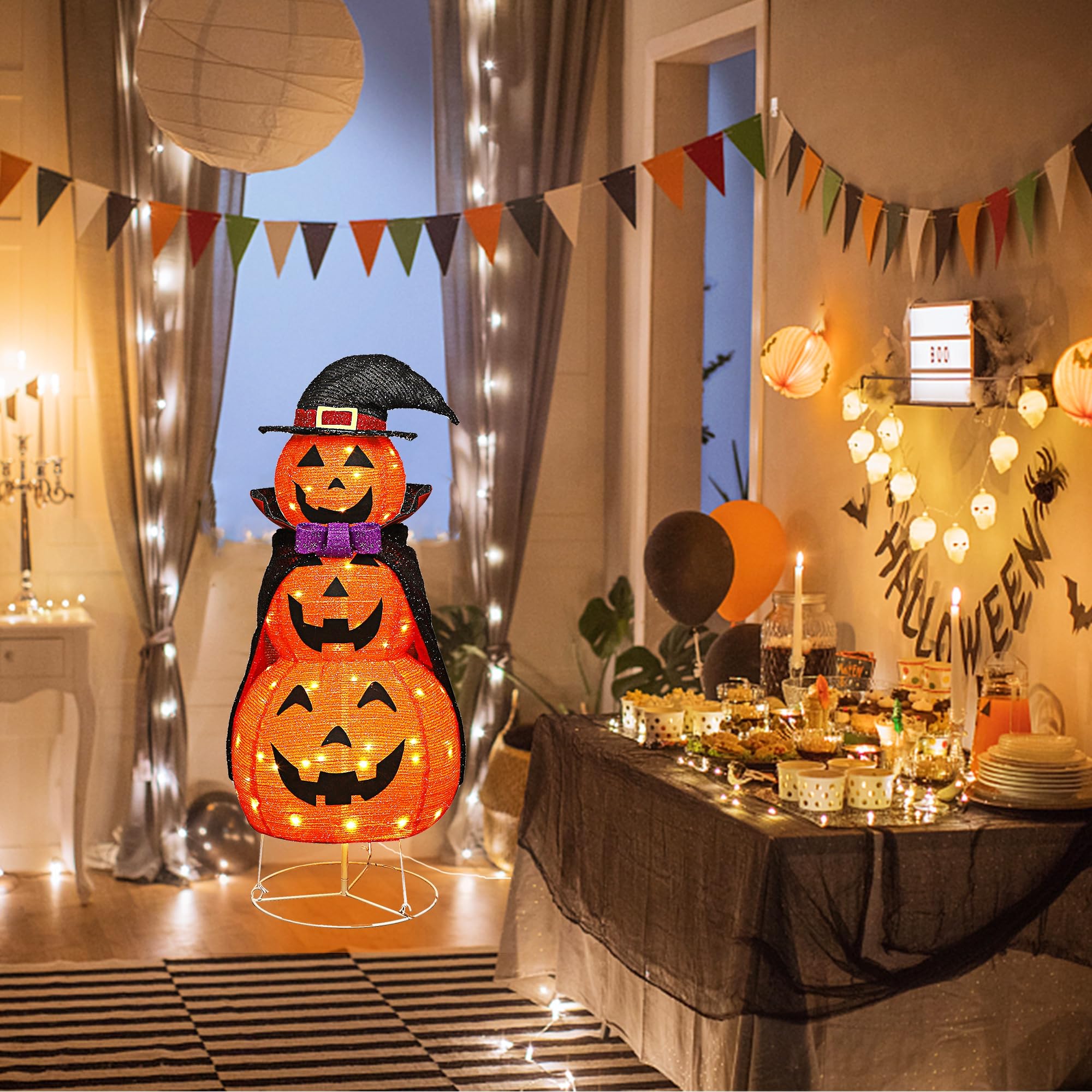 Lulu Home 3.5FT Light Up Halloween Decoration, 60 LED Collapsible Stacked Pumpkins with Vampire Cloak, Plug-in Pre-lit Jack-O-Lantern Front Door Porch Indoor Outdoor Decoration