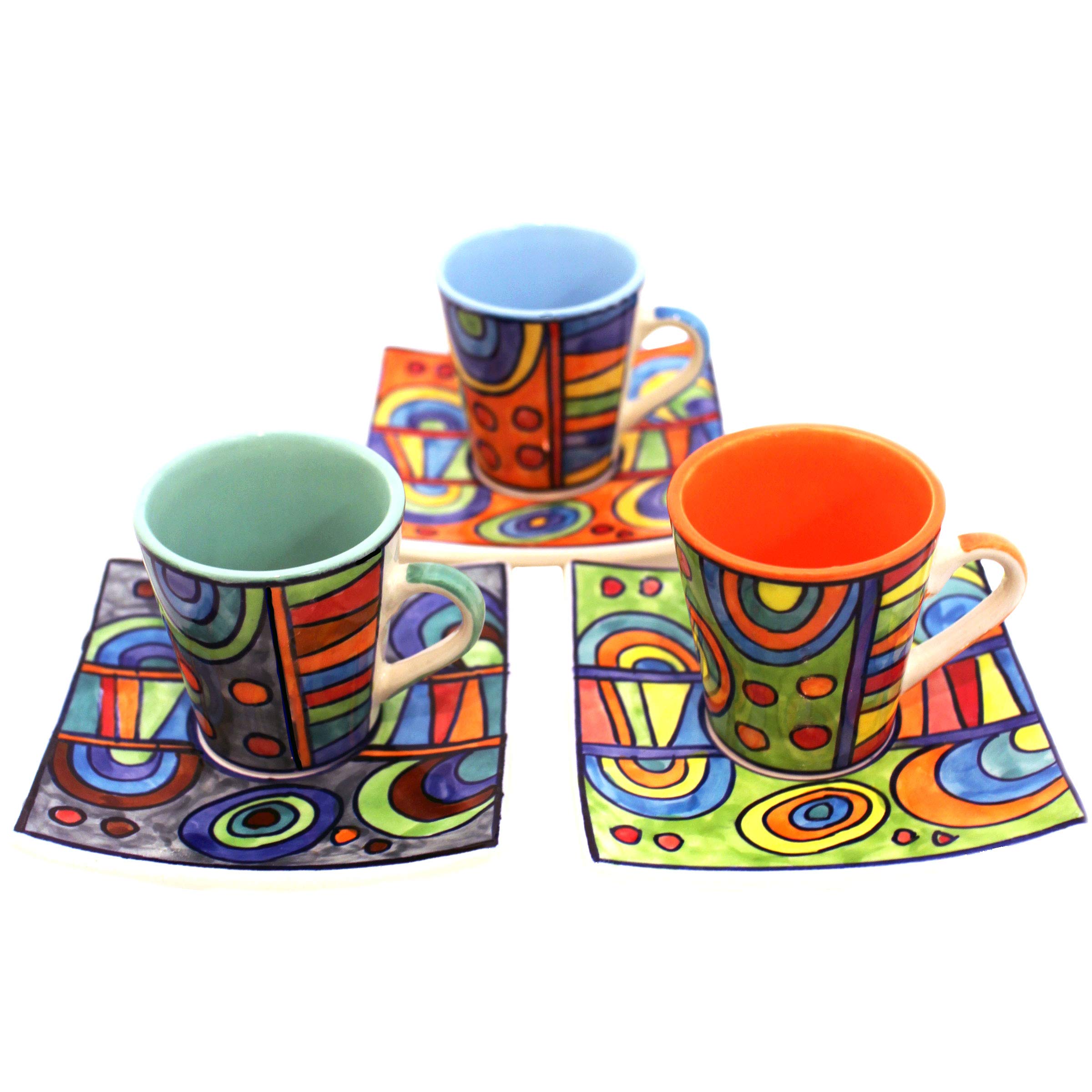 Gall&Zick Handbemalte Espressotassen mit Unterteller aus Keramik, Set von 3, ca. 80ml, bunte moderne Keramik – mikrowellen- & spülmaschinengeeignet – farbenfrohes Unikat für Kaffeegenuss