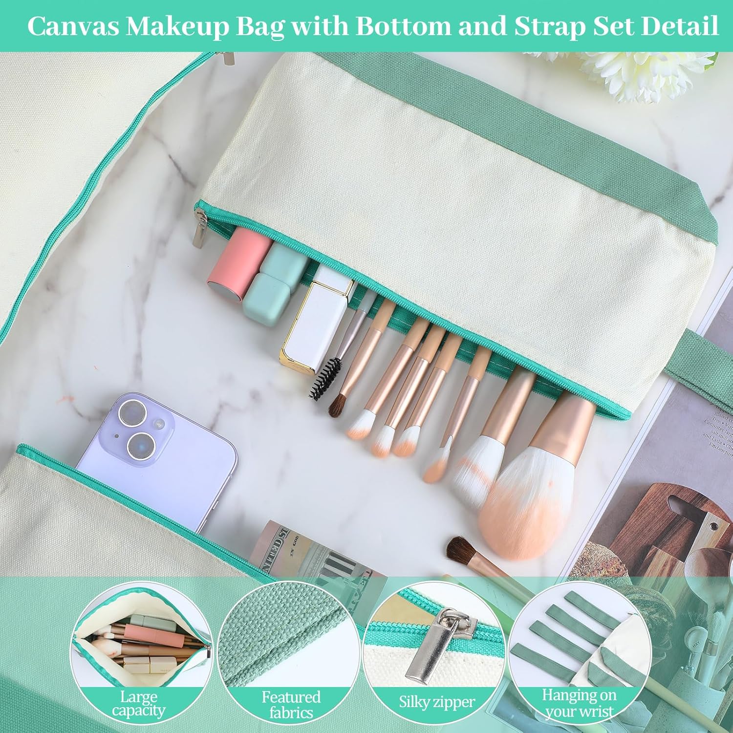 Silkfly 15 Pcs Cotton Canvas Makeup Bags Canvas Cosmetic Zipper 10.2 x 5.5 x 2 Inches Blank DIY Pouch Bag Bulk with Bottom Pencil Case Travel Toiletry Pouch for Women (Beige and Green) - Image 3