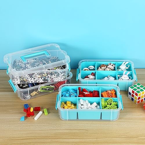 Miniatura 6 de JUXYES Caja de almacenamiento apilable de 4 niveles con 2 bandejas divididas, contenedor de almacenamiento apilable transparente con asa y tapa con