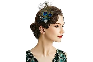 1920s Peacock Flapper Fascinator, Hair Clip Peacock Feather with Rhinestones (Style 1)