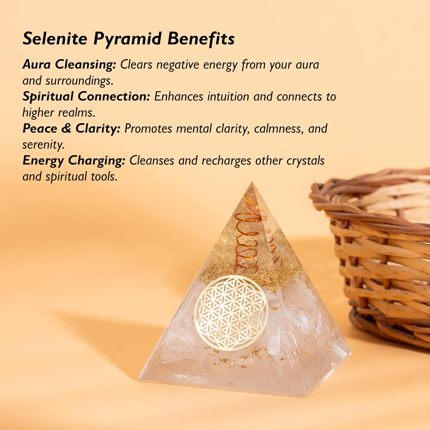 Selenite Orgonite Pyramid – Energy Crystal for Clarity & Protection – Handmade Spiritual Decor for Meditation, Focus & Inner Peace