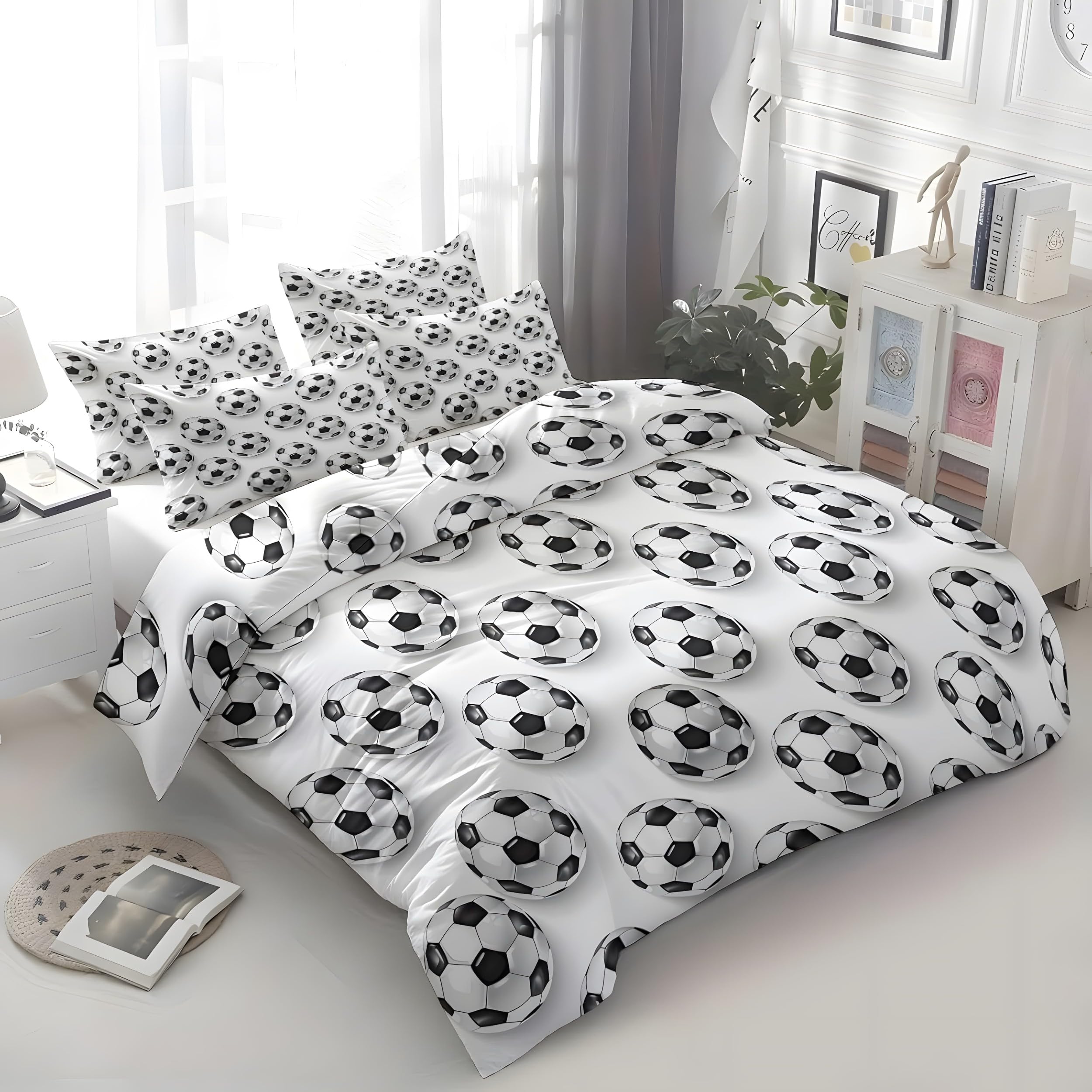 YZQGLHP Soccer Pattern Small Double Duvet Cover 170×200cm Football Soft Single Bedding Microfibre Lightweight Quilt Cover with Zipper and 2 Pillowcases 50x75cm