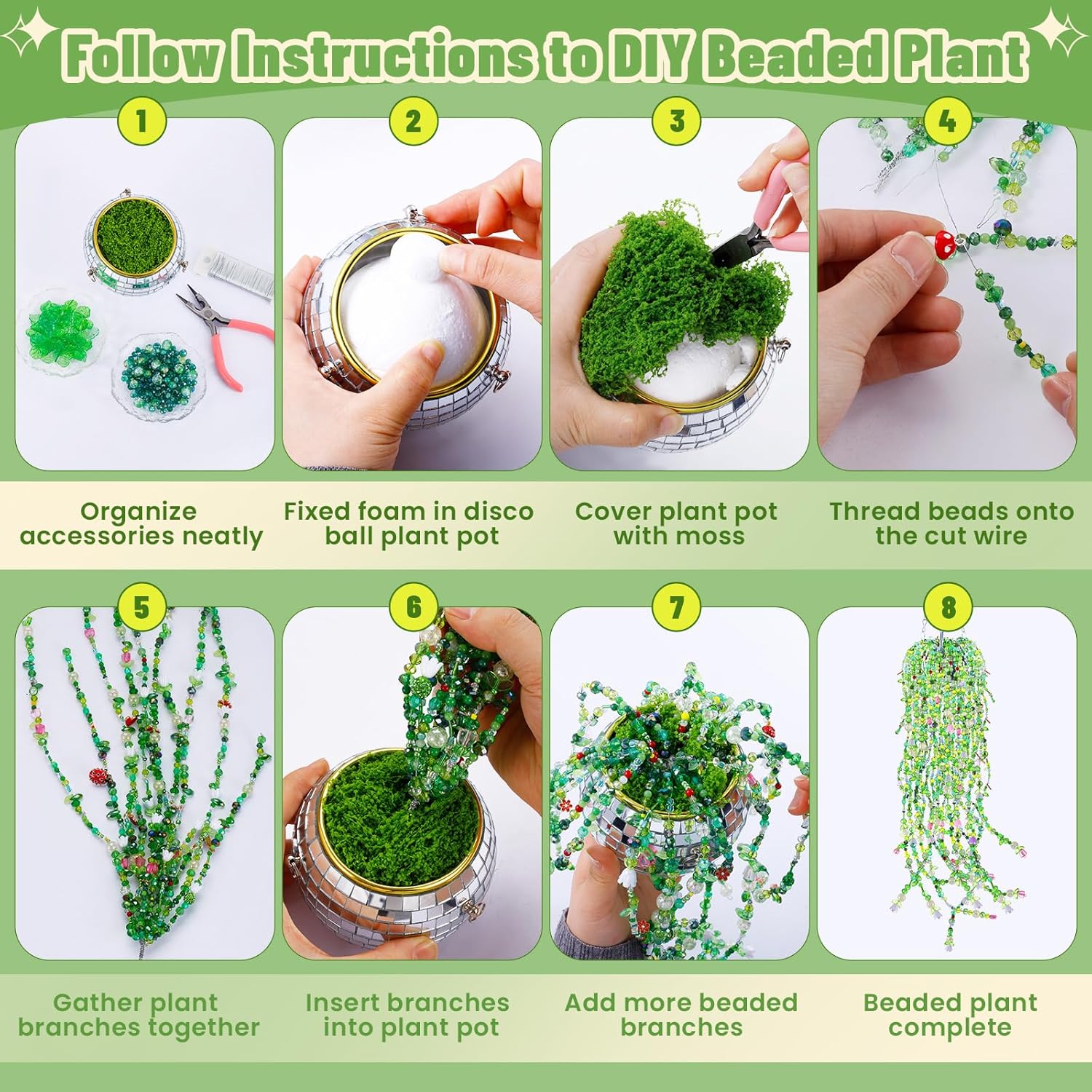 FOGWOWO 5057 Pcs Beaded Plant Kit for Mirror Disco Ball Planter Making,Green Beads for Beaded Plants with Hanging Chain,Crystal Green Glass Beads Leaf Bead for Plant Making DIY Craft - Image 4